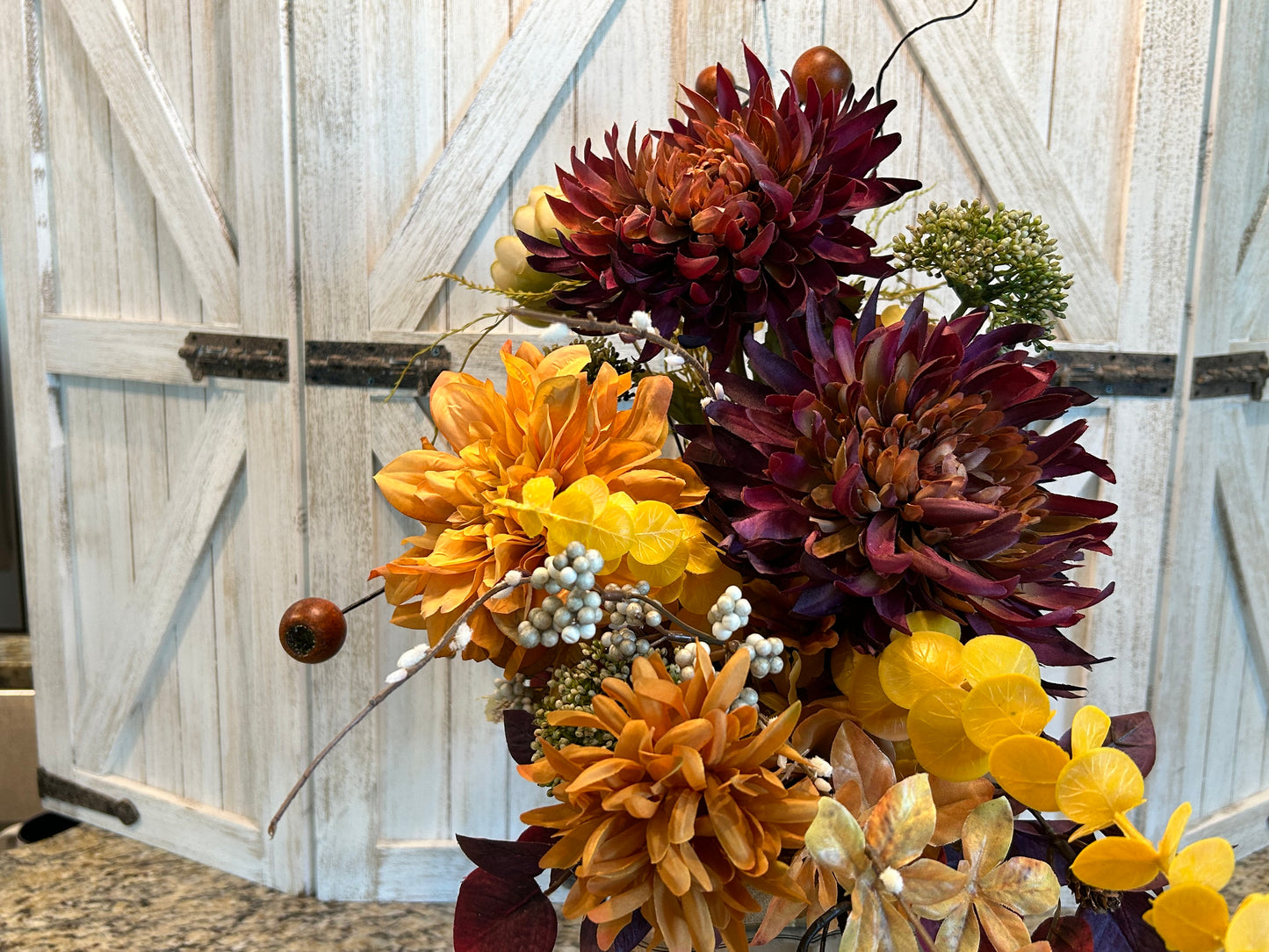 Arrangement for Sale - Fall Dough Bowl Filled with Burgundy and Golden Mums