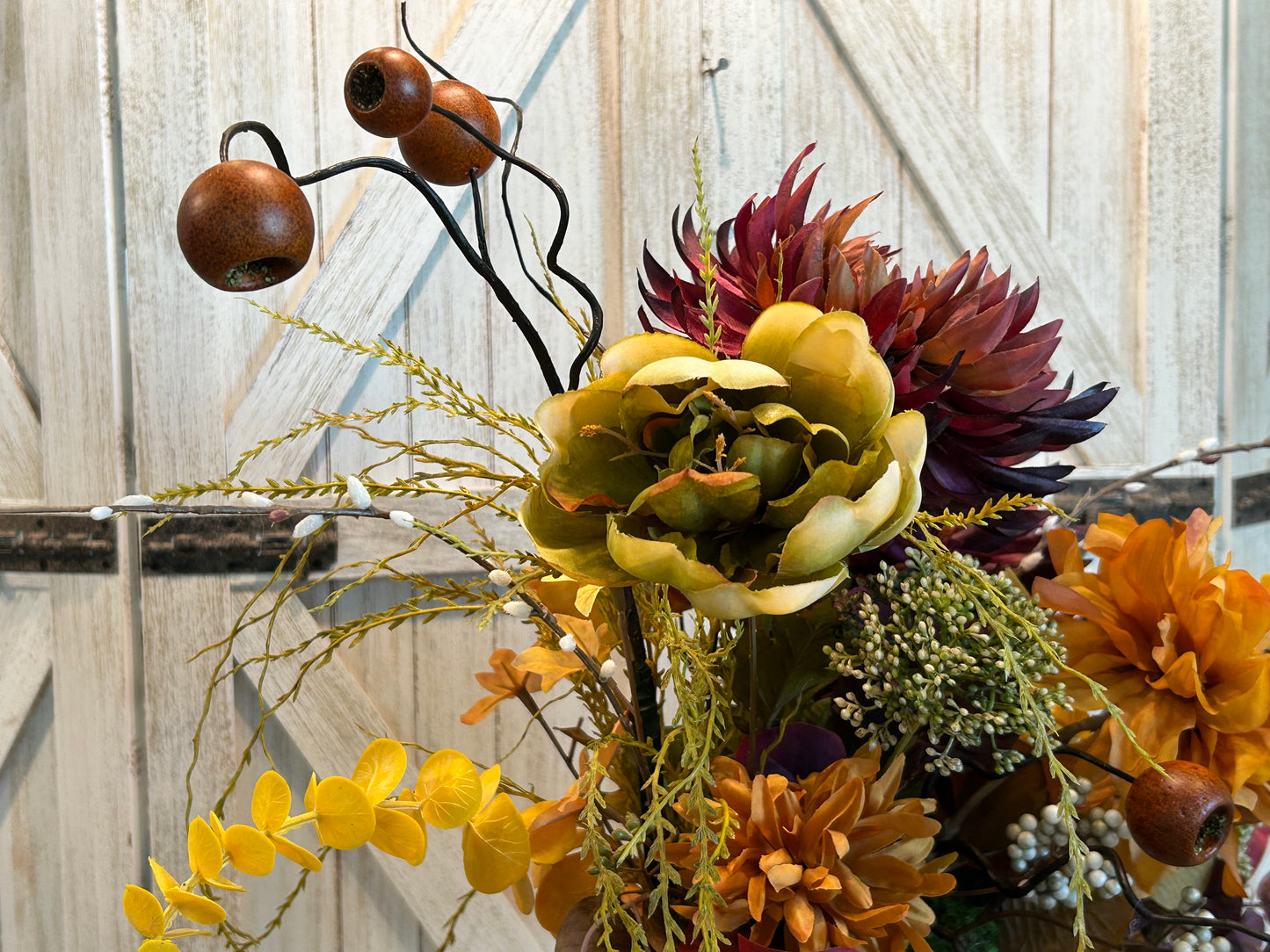 Arrangement for Sale - Fall Dough Bowl Filled with Burgundy and Golden Mums