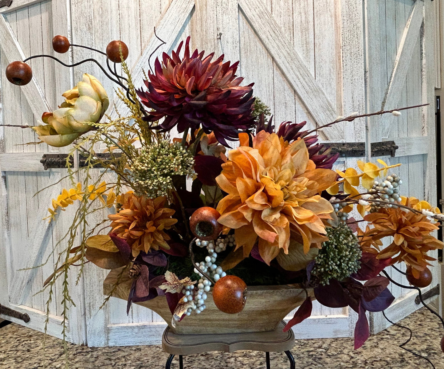 Arrangement for Sale - Fall Dough Bowl Filled with Burgundy and Golden Mums