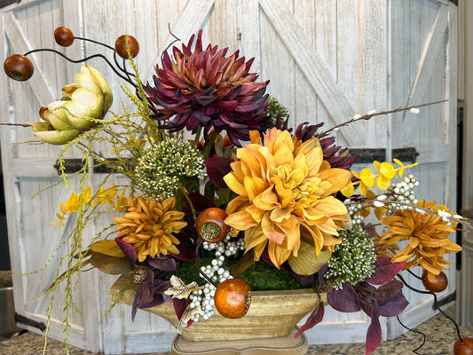 Arrangement for Sale - Fall Dough Bowl Filled with Burgundy and Golden Mums