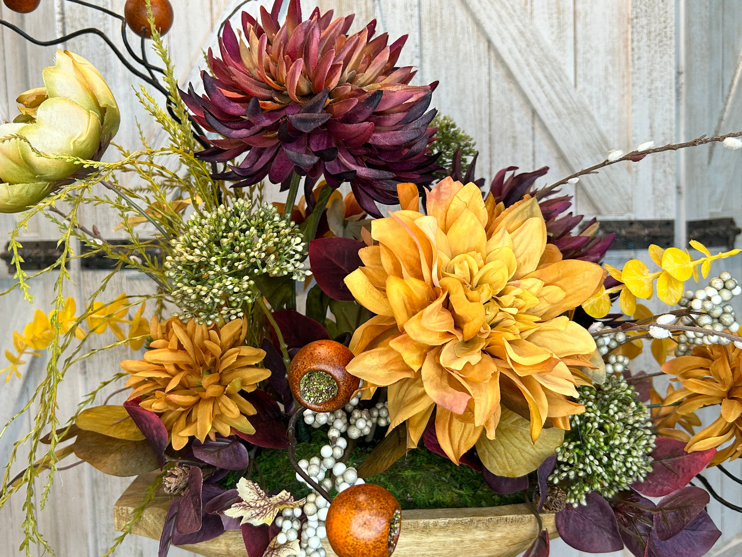 Arrangement for Sale - Fall Dough Bowl Filled with Burgundy and Golden Mums