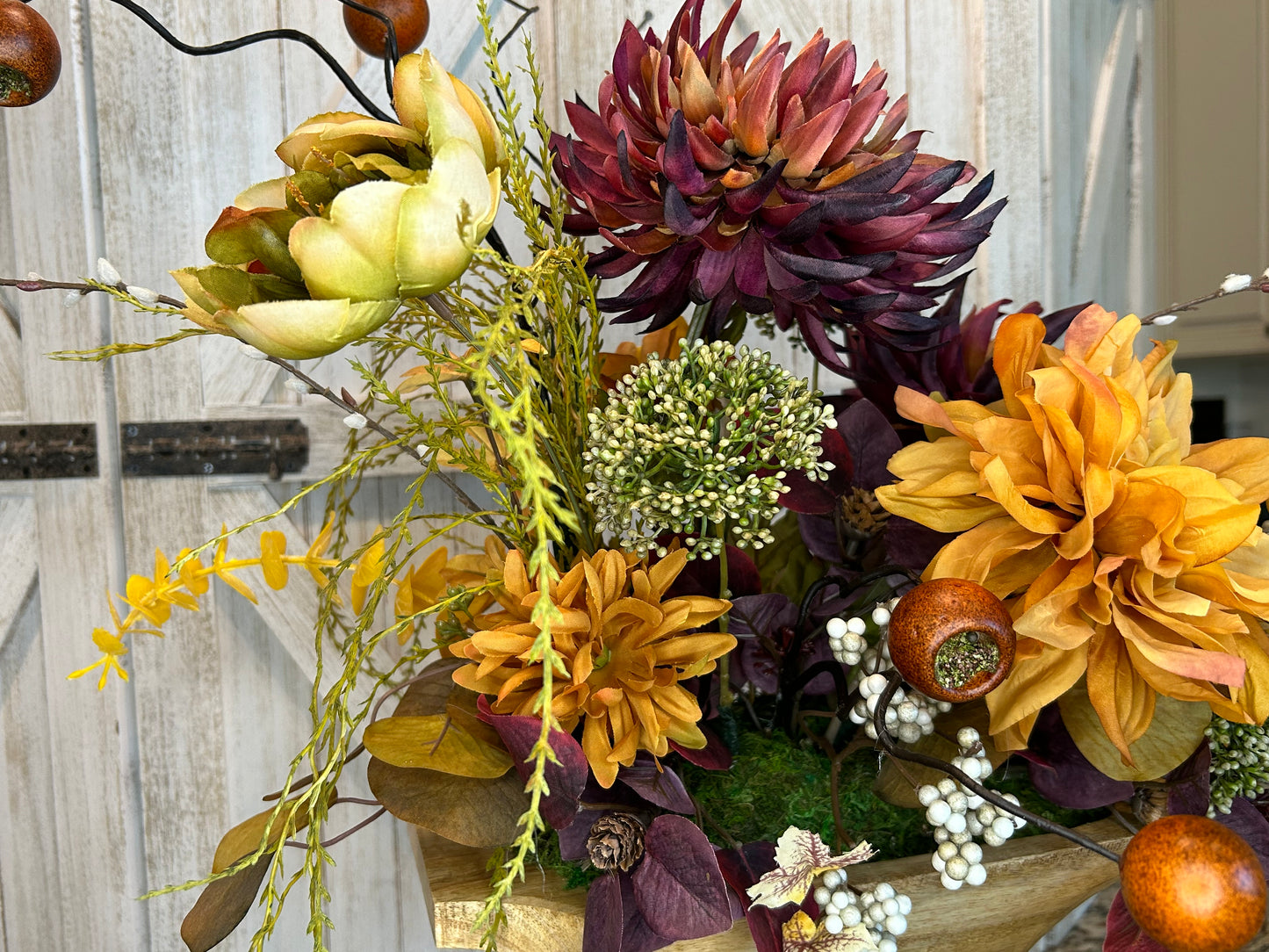 Arrangement for Sale - Fall Dough Bowl Filled with Burgundy and Golden Mums