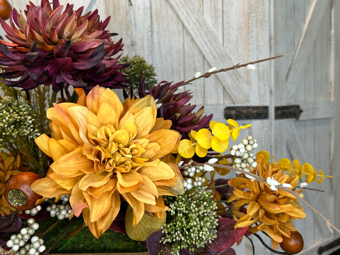 Arrangement for Sale - Fall Dough Bowl Filled with Burgundy and Golden Mums