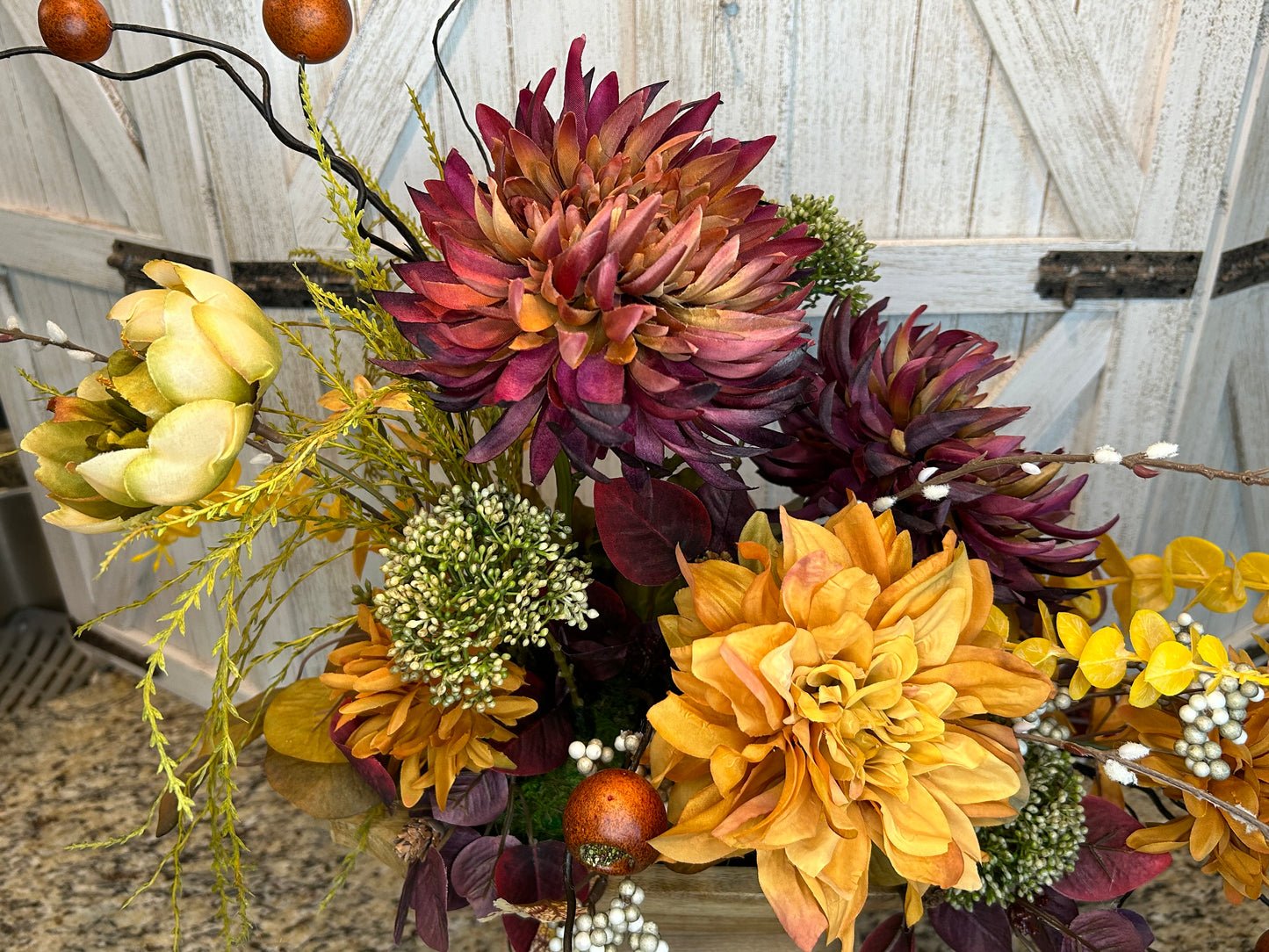 Arrangement for Sale - Fall Dough Bowl Filled with Burgundy and Golden Mums