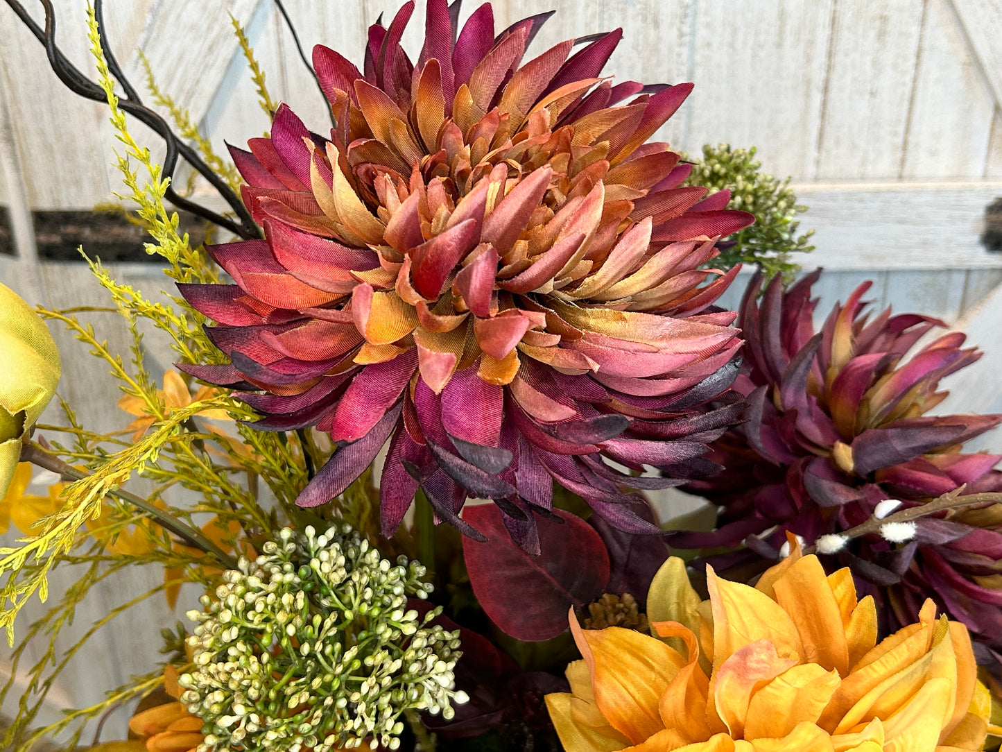 Arrangement for Sale - Fall Dough Bowl Filled with Burgundy and Golden Mums