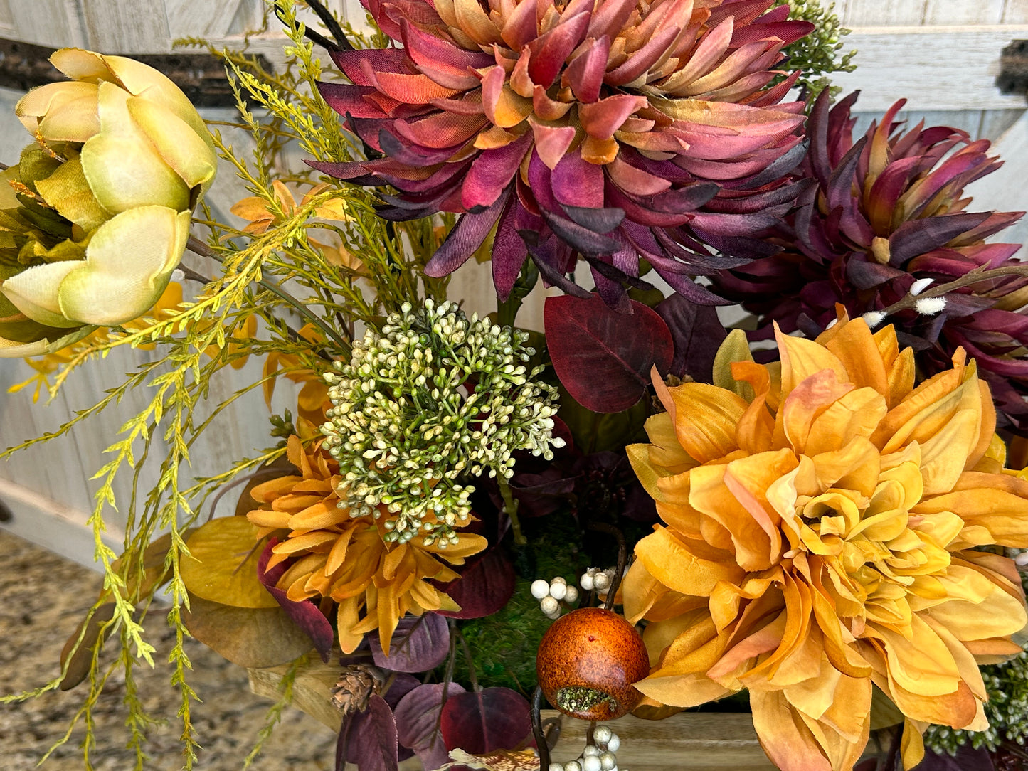 Arrangement for Sale - Fall Dough Bowl Filled with Burgundy and Golden Mums