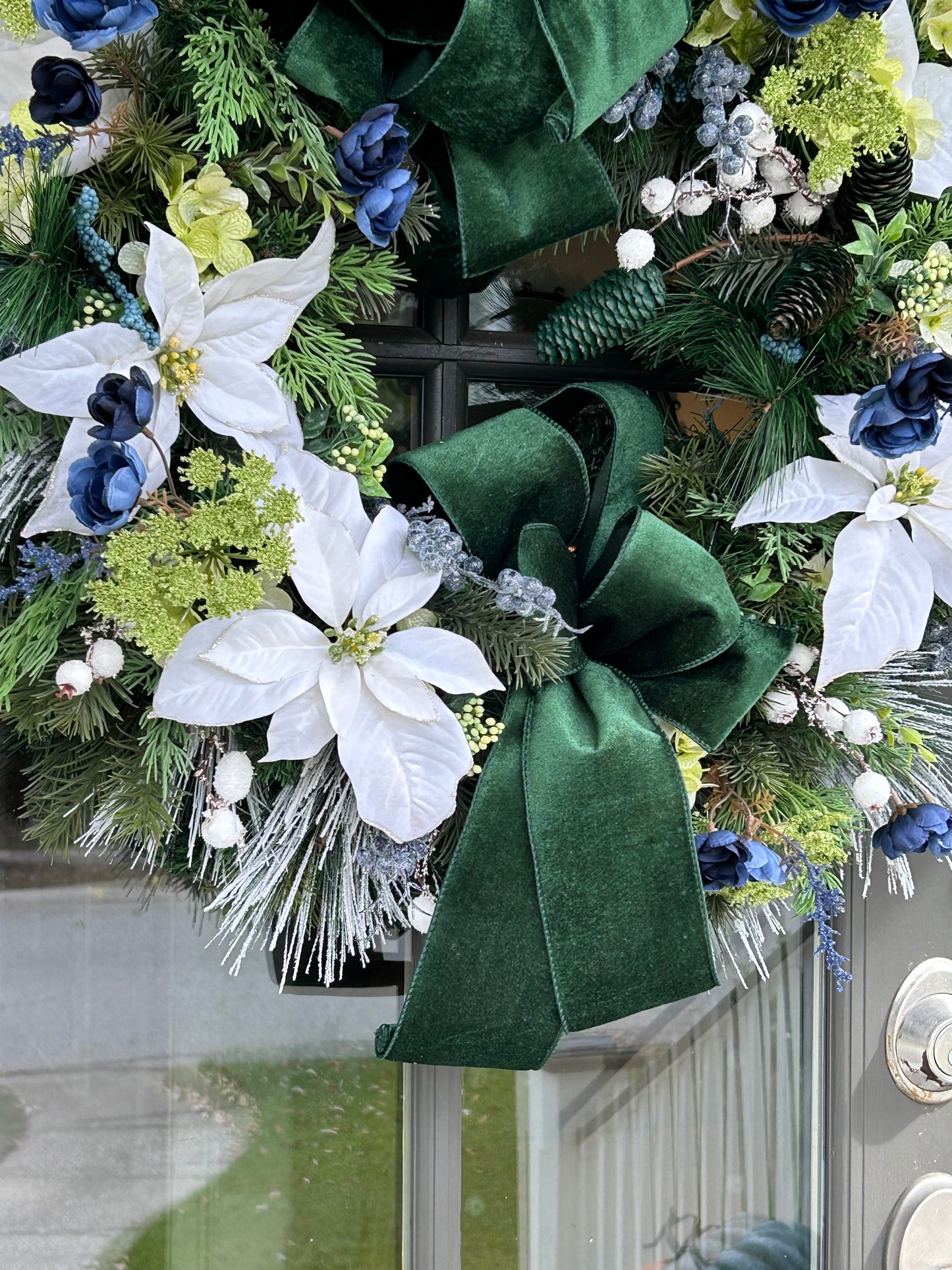 Wreath for Sale - Christmas 30" Green Velvet Ribbon with White Poinsettias and Blue Florals
