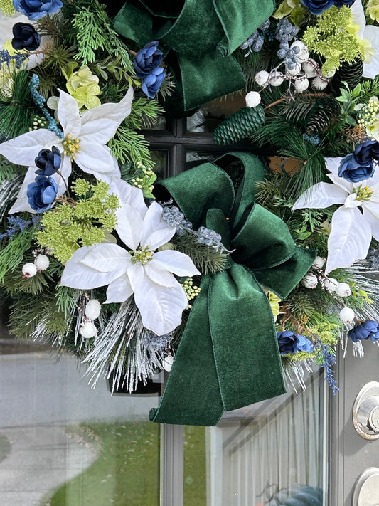 Wreath for Sale - Christmas 30" Green Velvet Ribbon with White Poinsettias and Blue Florals