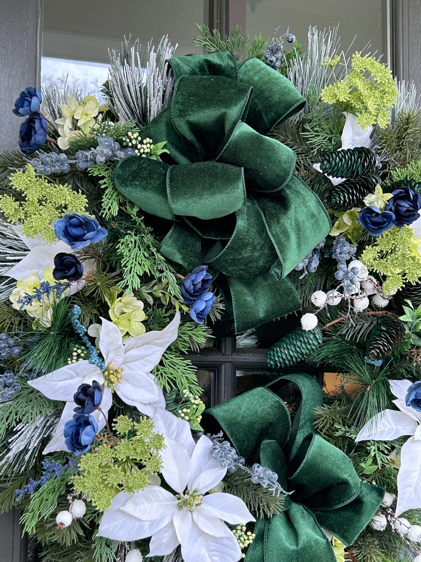 Wreath for Sale - Christmas 30" Green Velvet Ribbon with White Poinsettias and Blue Florals