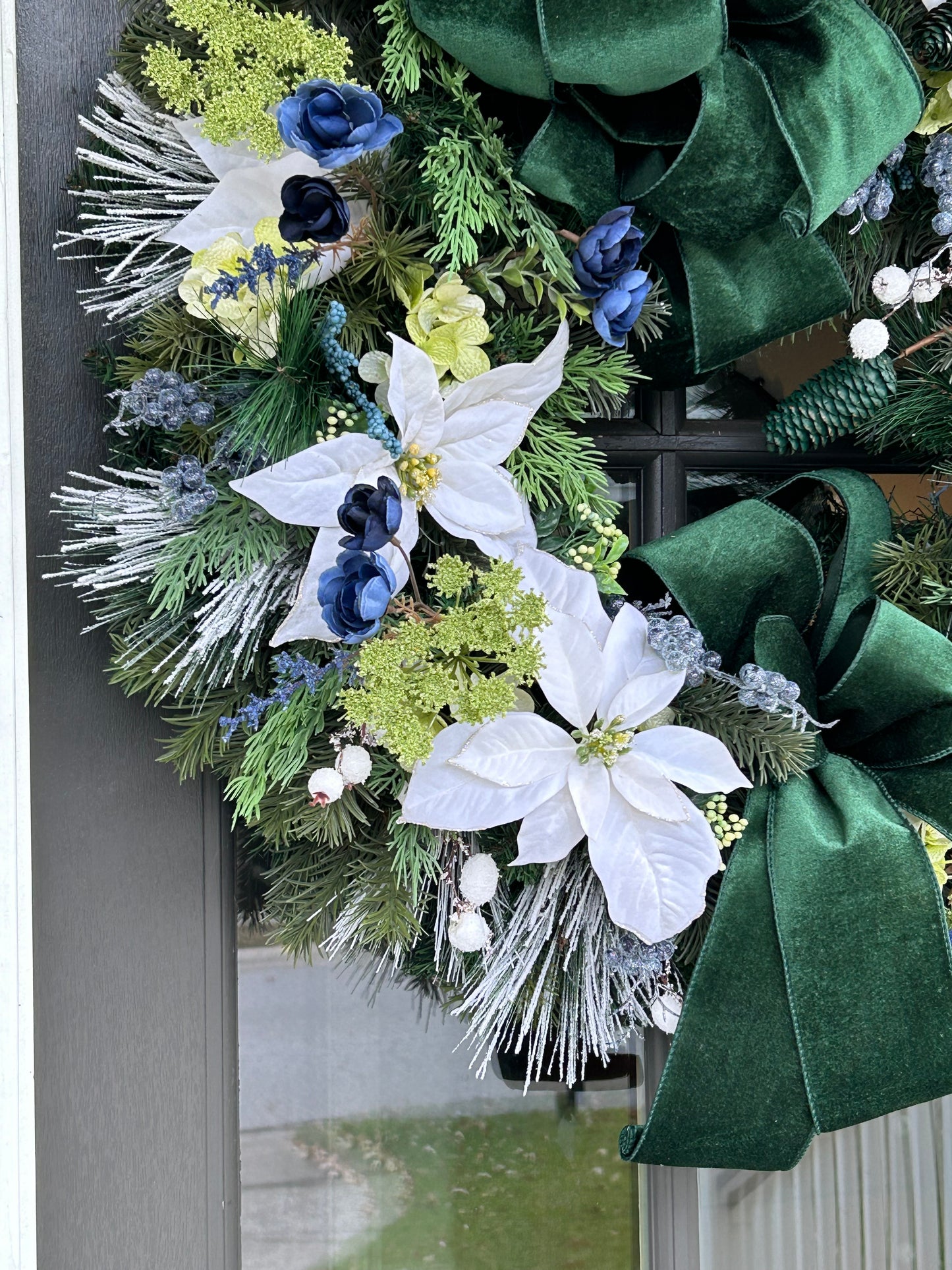 Wreath for Sale - Christmas 30" Green Velvet Ribbon with White Poinsettias and Blue Florals