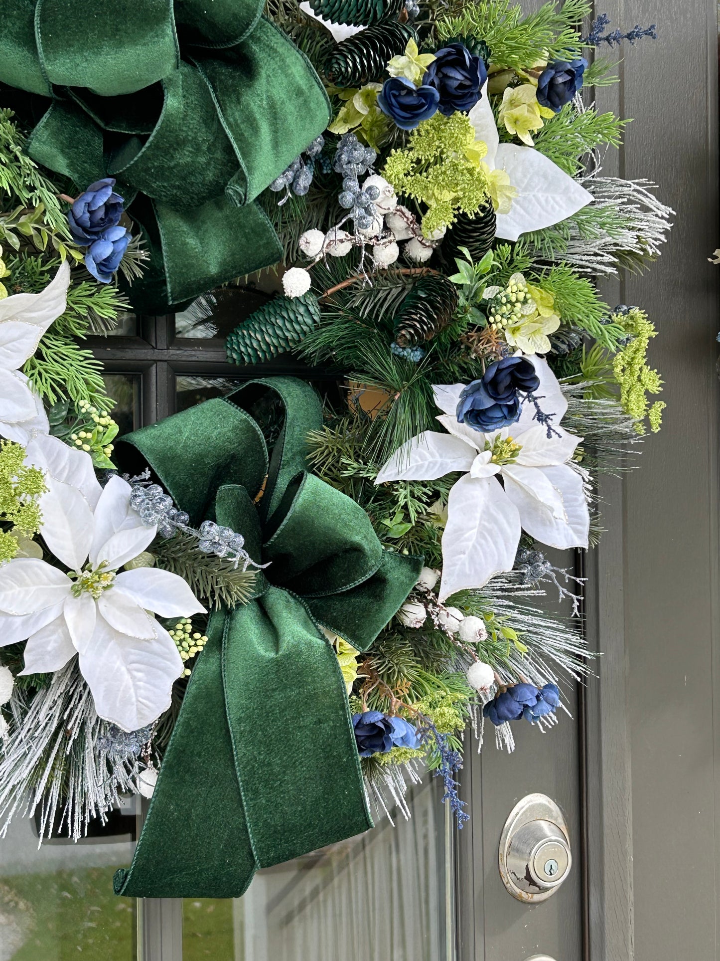Wreath for Sale - Christmas 30" Green Velvet Ribbon with White Poinsettias and Blue Florals