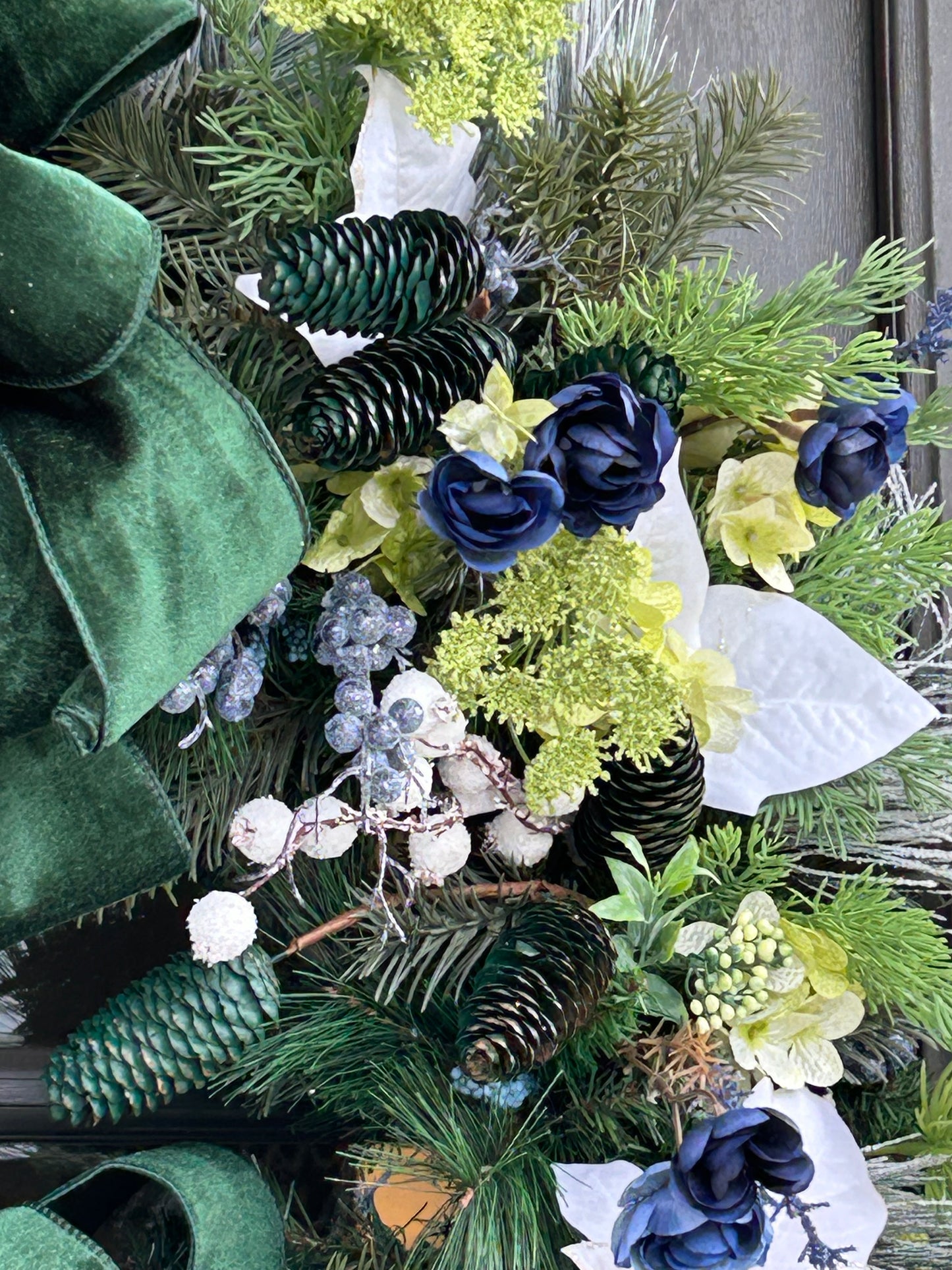 Wreath for Sale - Christmas 30" Green Velvet Ribbon with White Poinsettias and Blue Florals