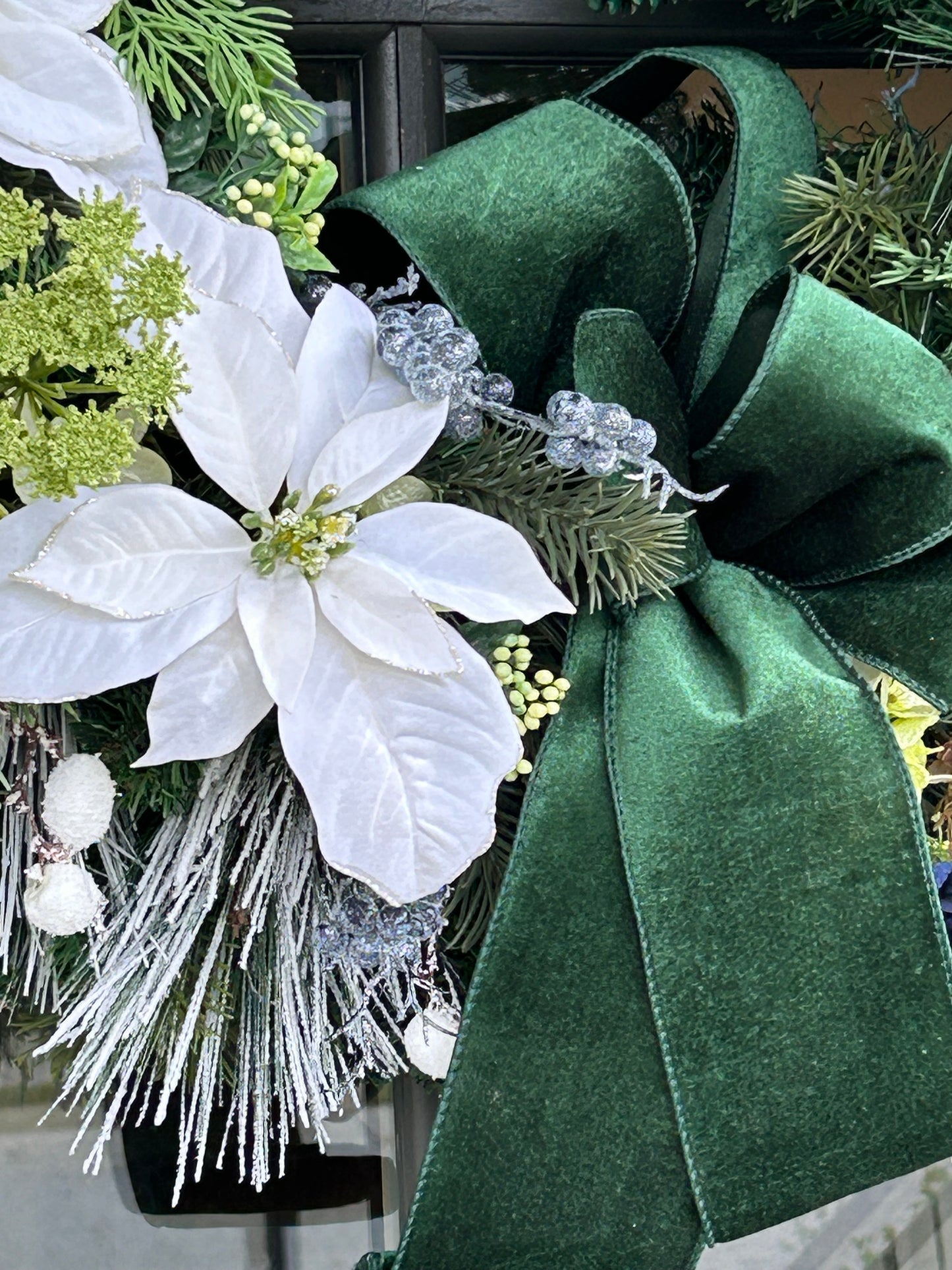 Wreath for Sale - Christmas 30" Green Velvet Ribbon with White Poinsettias and Blue Florals