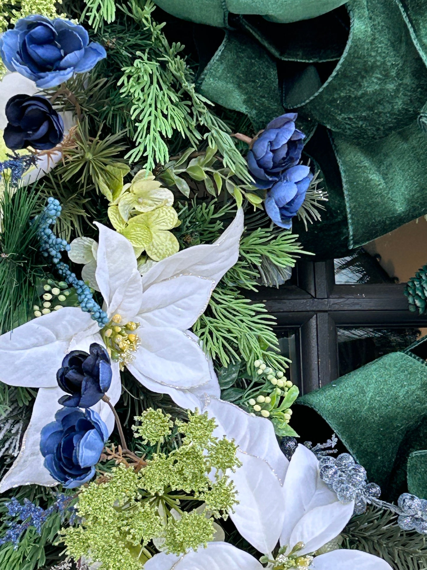 Wreath for Sale - Christmas 30" Green Velvet Ribbon with White Poinsettias and Blue Florals