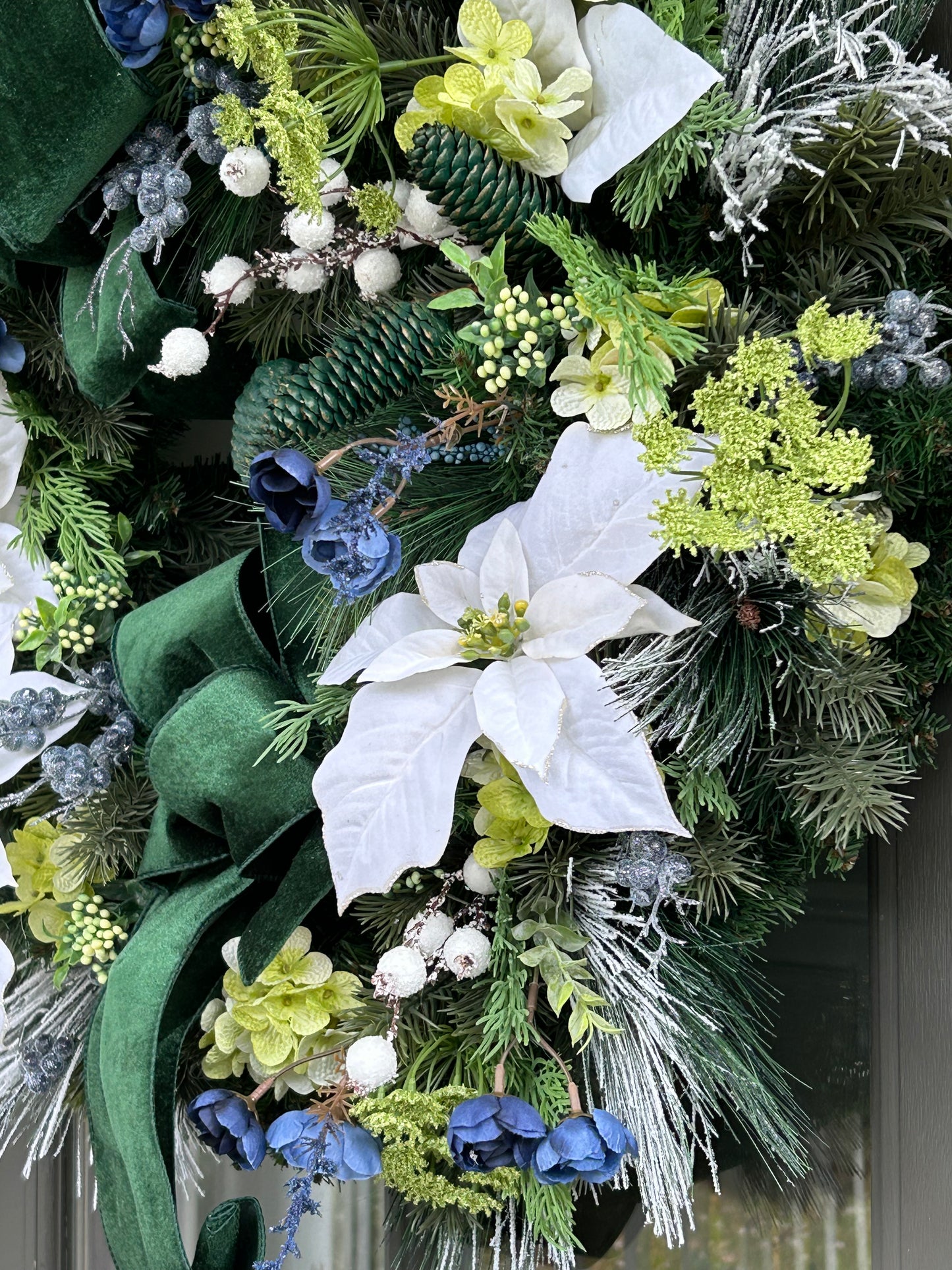 Wreath for Sale - Christmas 30" Green Velvet Ribbon with White Poinsettias and Blue Florals