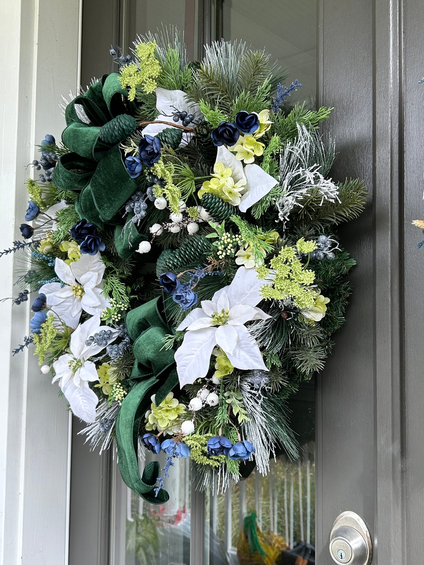 Wreath for Sale - Christmas 30" Green Velvet Ribbon with White Poinsettias and Blue Florals