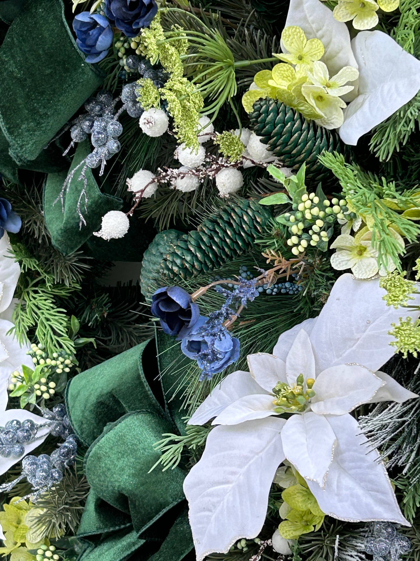 Wreath for Sale - Christmas 30" Green Velvet Ribbon with White Poinsettias and Blue Florals