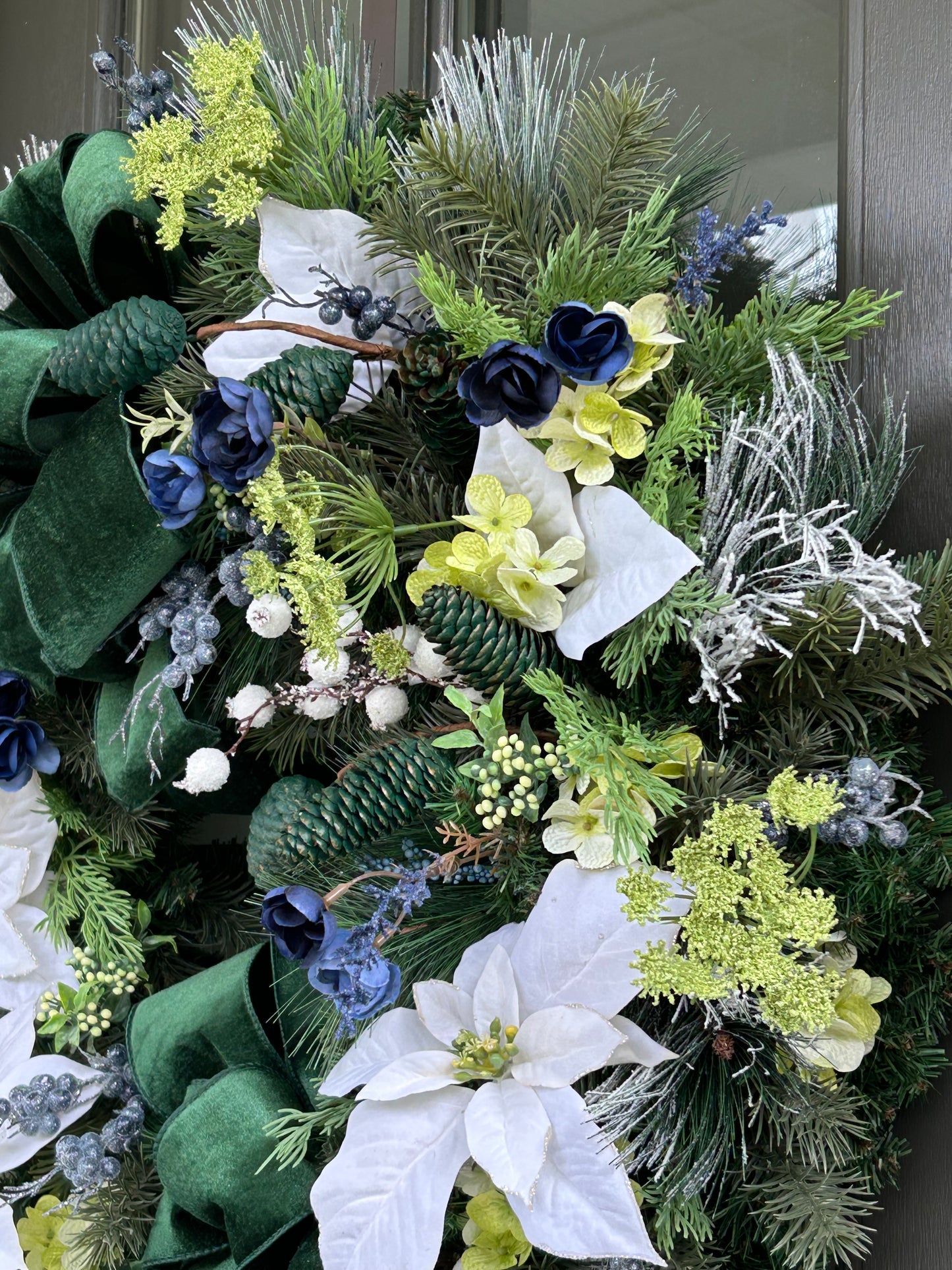 Wreath for Sale - Christmas 30" Green Velvet Ribbon with White Poinsettias and Blue Florals
