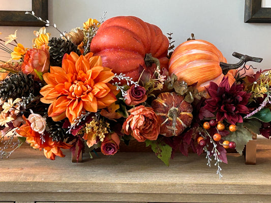 Arrangement for Sale - Fall Pumpkins in a Low Copper Container