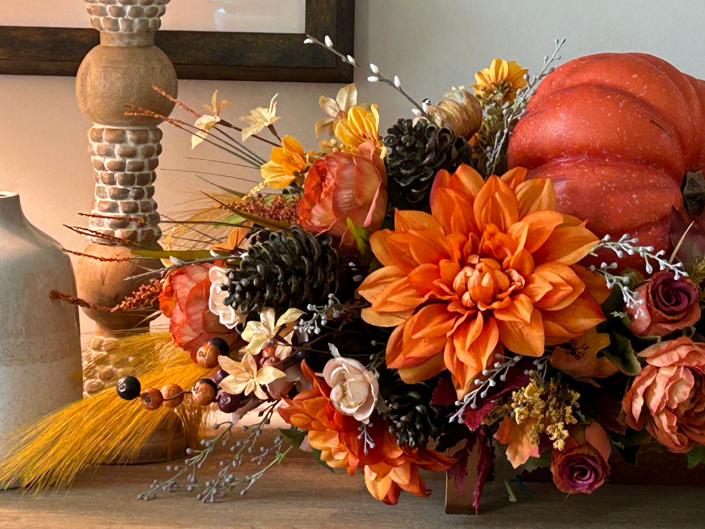 Arrangement for Sale - Fall Pumpkins in a Low Copper Container