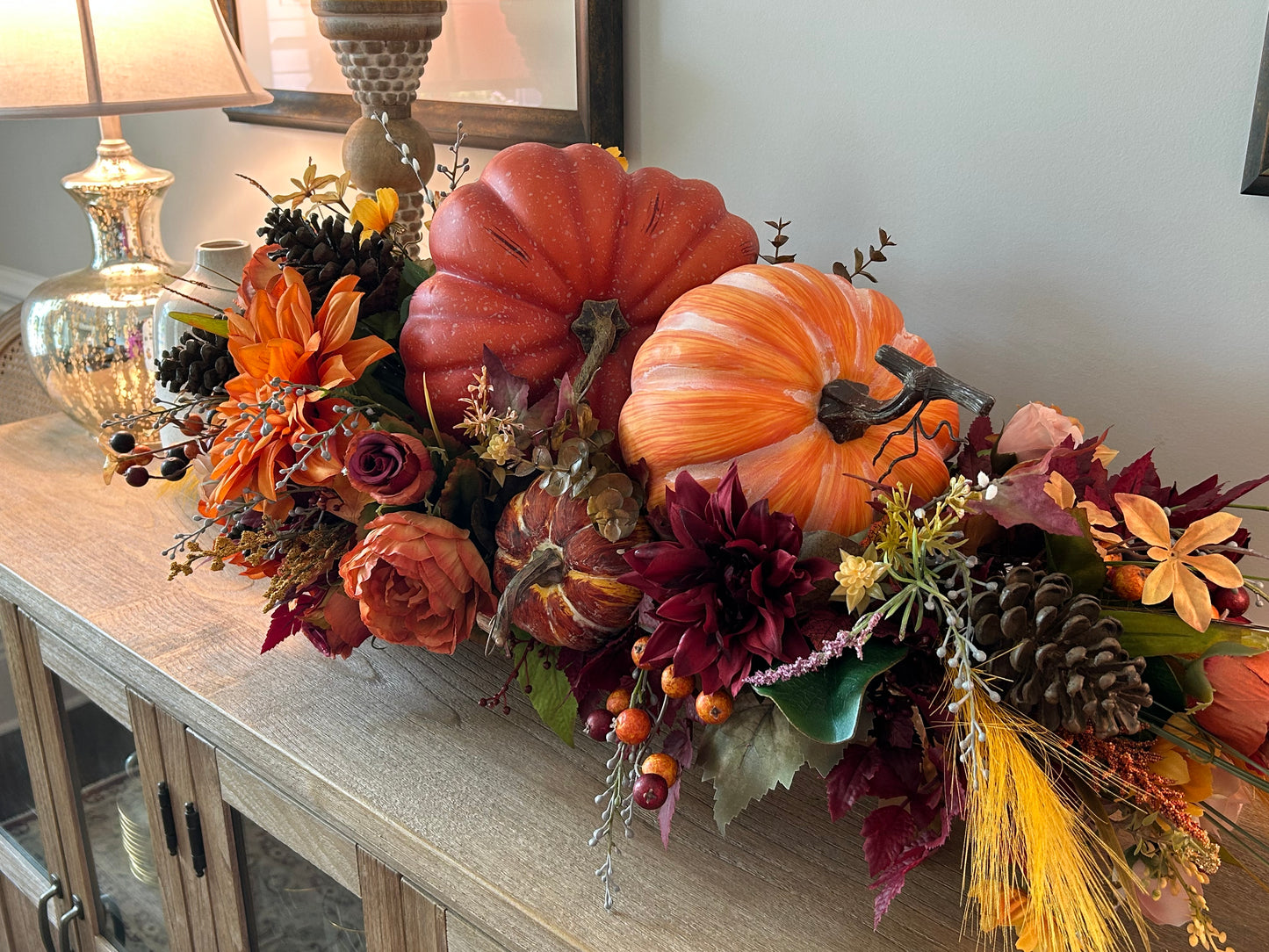 Arrangement for Sale - Fall Pumpkins in a Low Copper Container