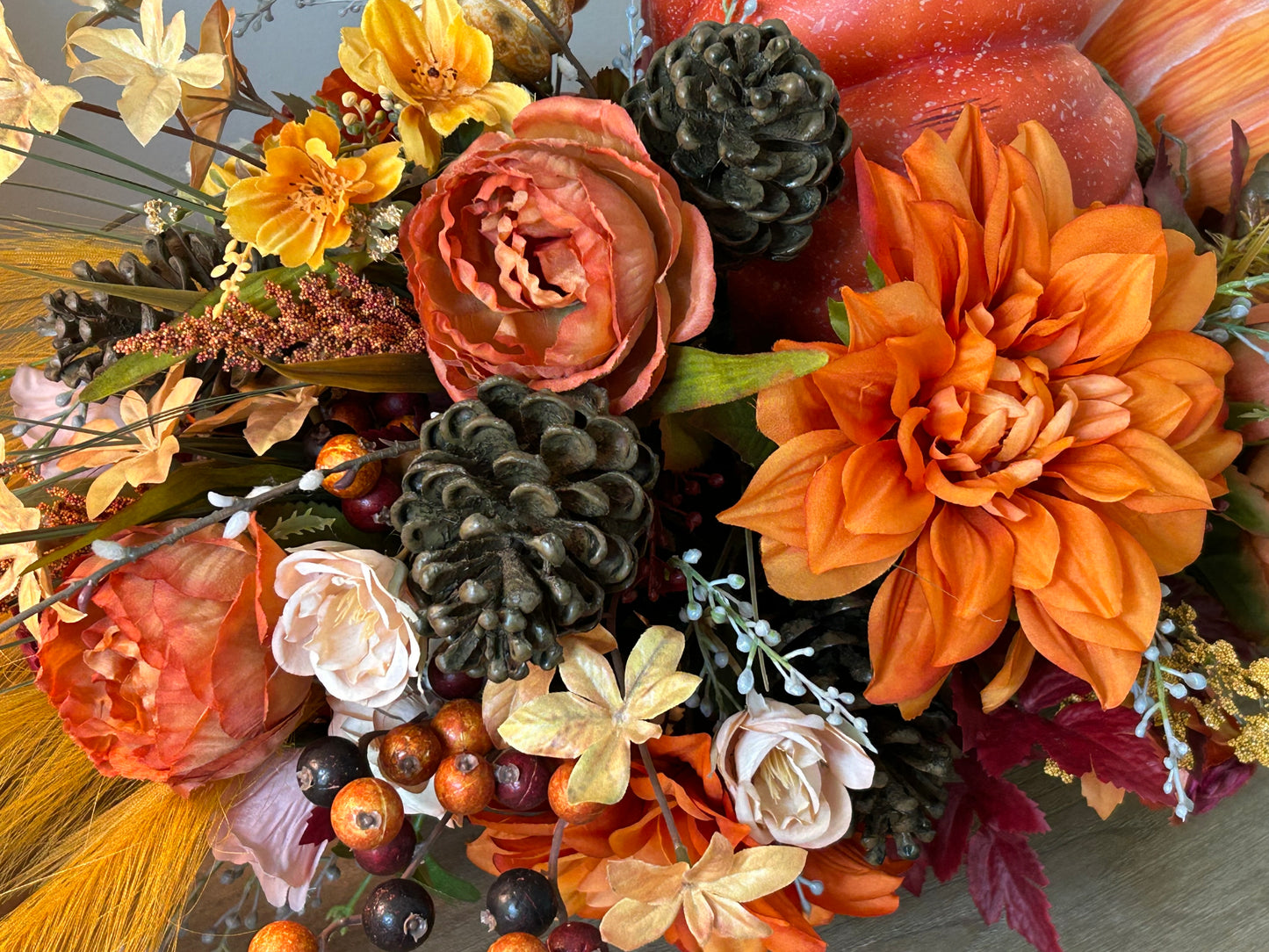 Arrangement for Sale - Fall Pumpkins in a Low Copper Container