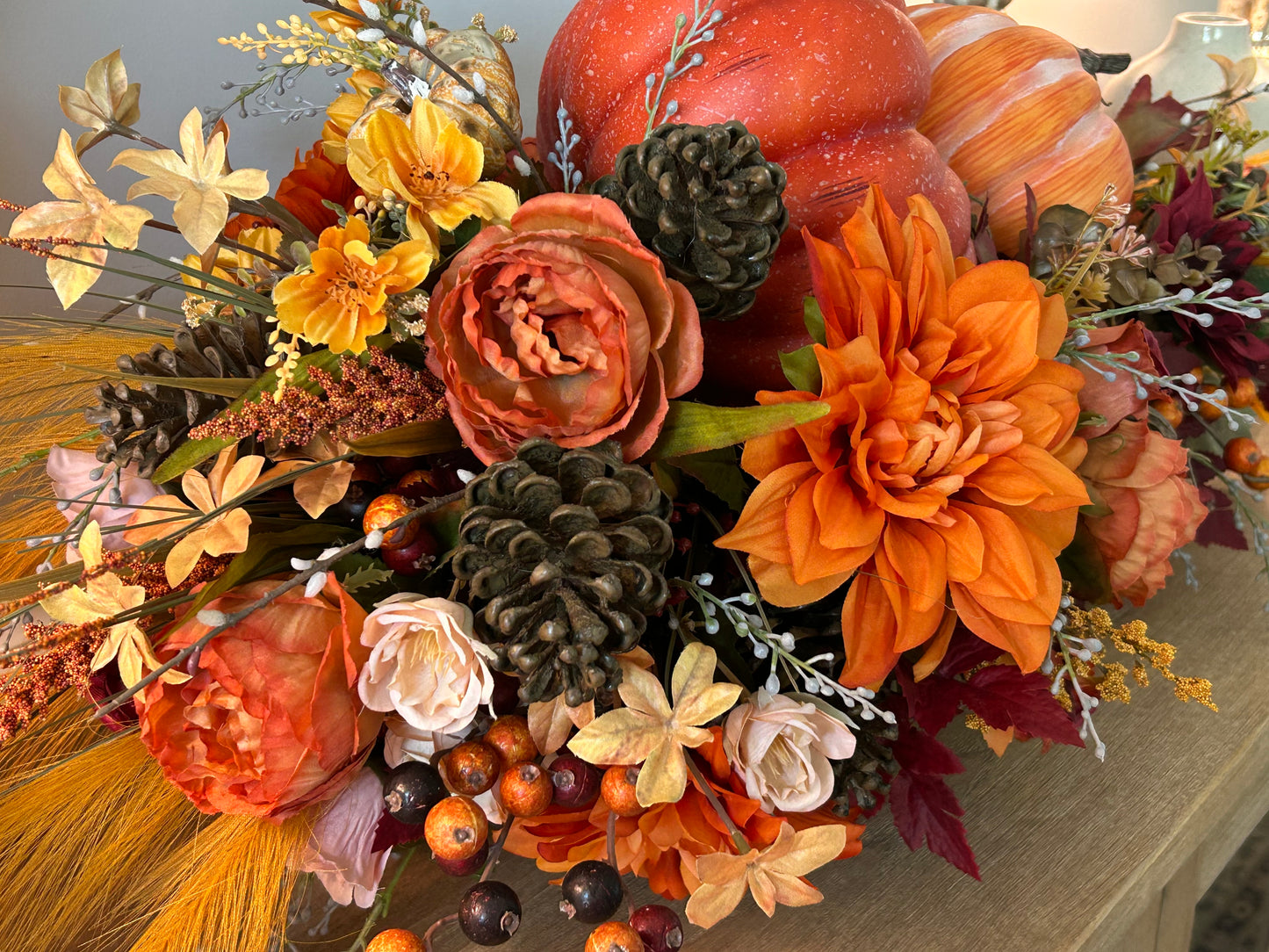 Arrangement for Sale - Fall Pumpkins in a Low Copper Container