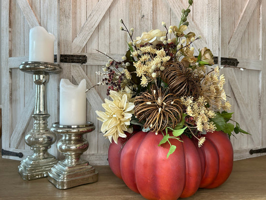 Arrangement for Sale - Fall Pumpkin Filled with Neutral Flowers and Pumpkins
