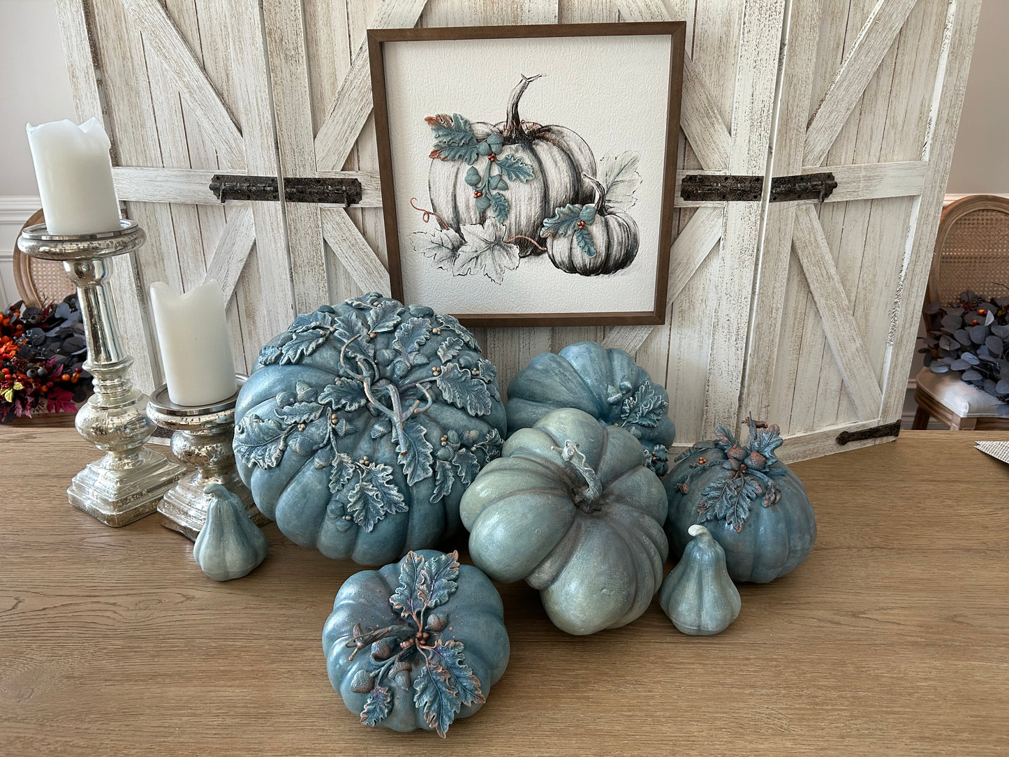 Hostess Gift - Turquoise Resin Fall Leave on B&W Pumpkin Picture