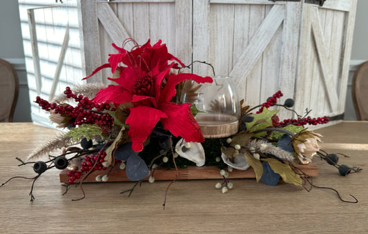 Arrangement for Sale - Christmas Poinsettias and Greenery with Handled Tray and Candleholder