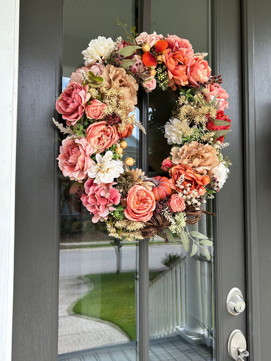 Wreath for Sale - Fall 18" Grapevine Floral Peach Wreath