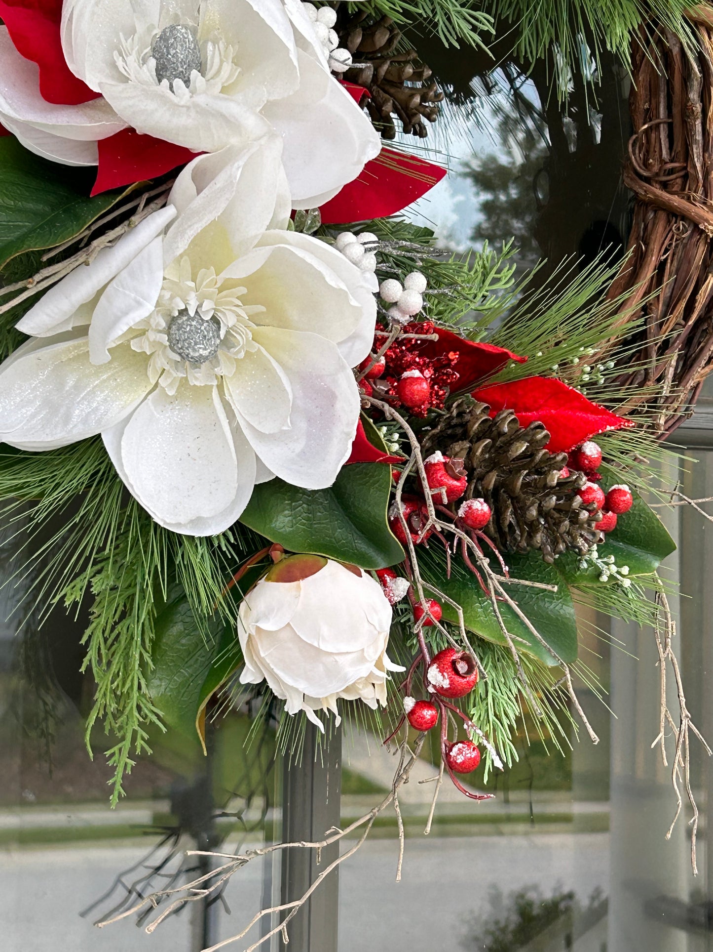 Wreath for Sale - Christmas White Magnolias and Red Poinsettias on 18" Grapevine