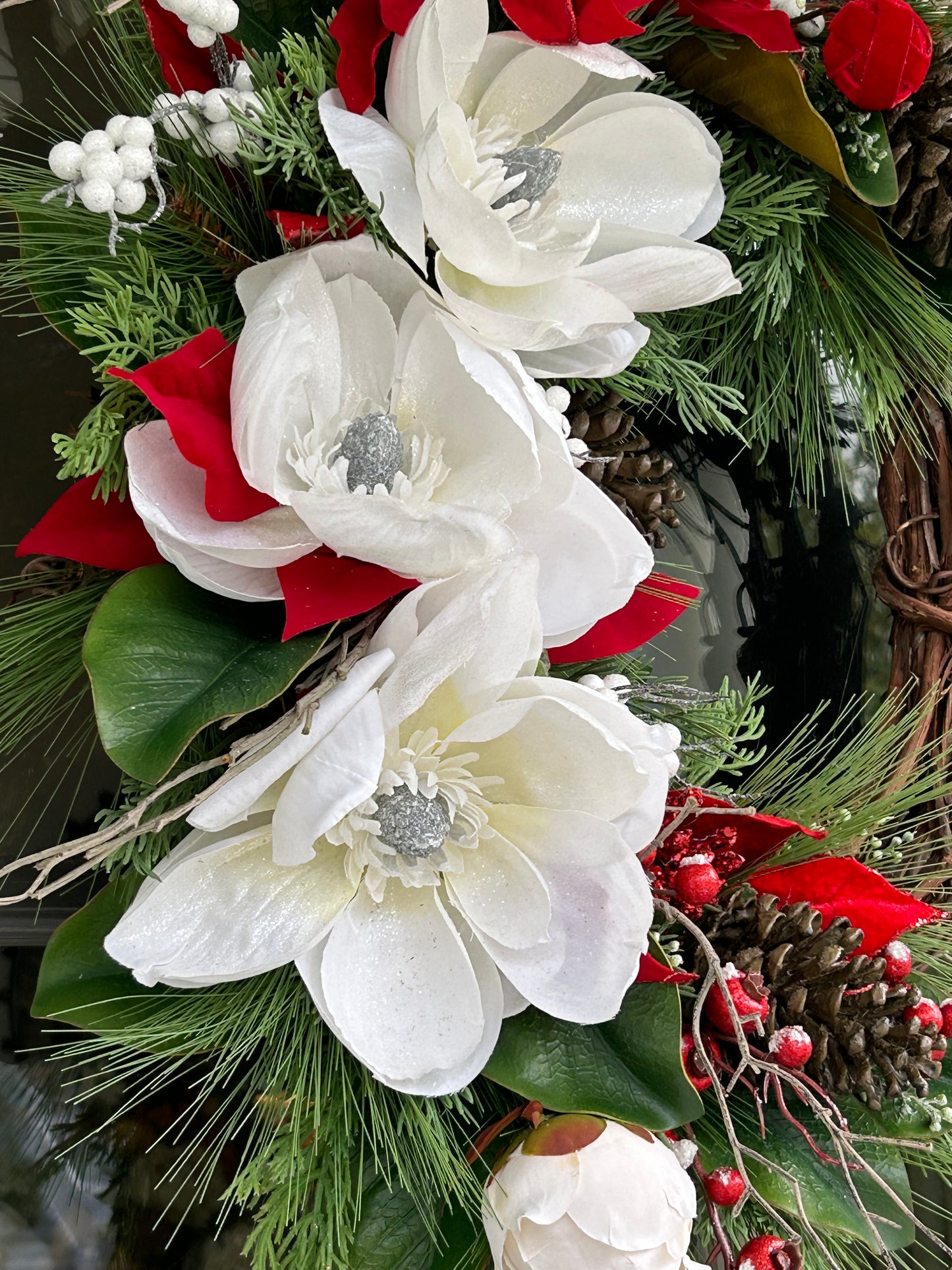 Wreath for Sale - Christmas White Magnolias and Red Poinsettias on 18" Grapevine