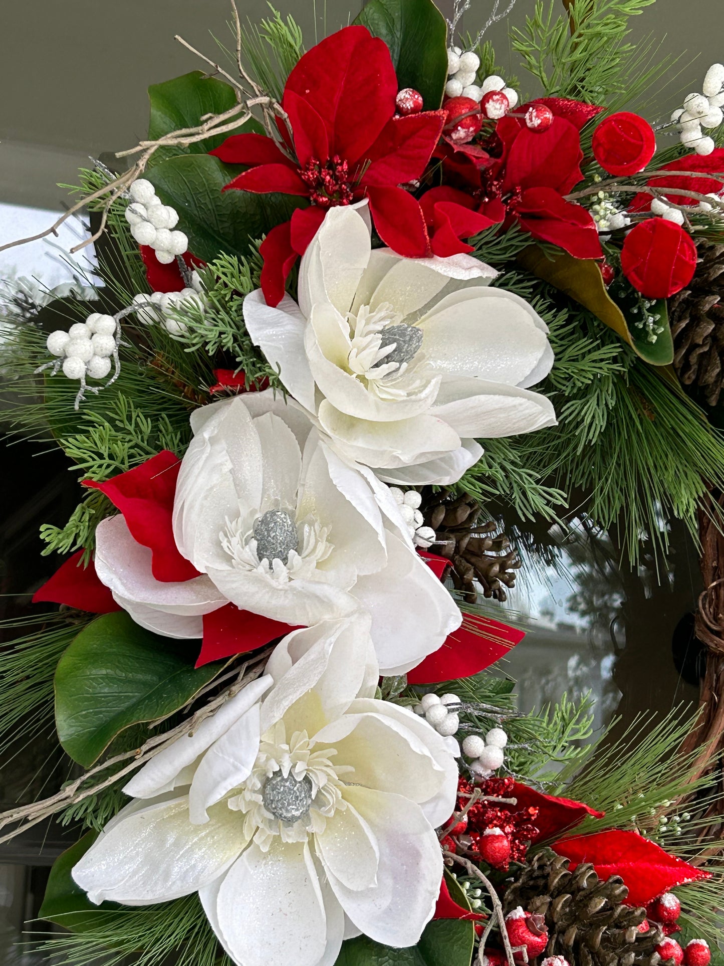 Wreath for Sale - Christmas White Magnolias and Red Poinsettias on 18" Grapevine