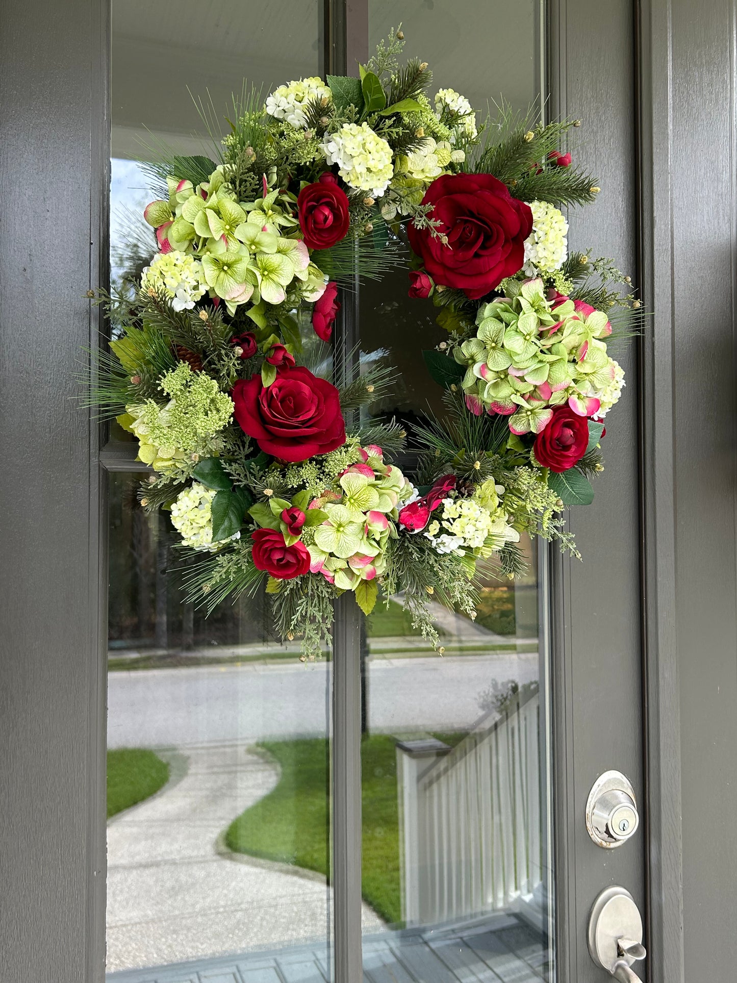 Wreath for Sale - Christmas Red Ranunculus and Green Hydrangeas