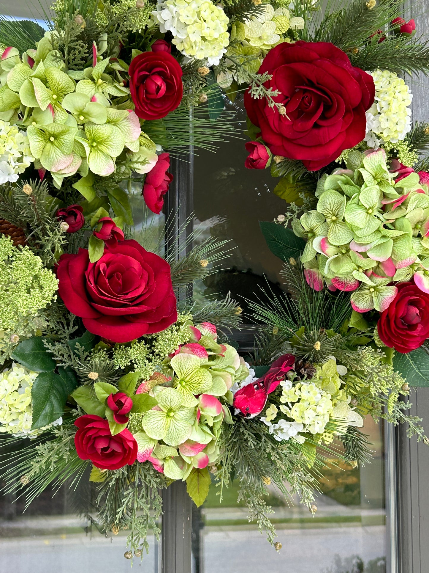 Wreath for Sale - Christmas Red Ranunculus and Green Hydrangeas