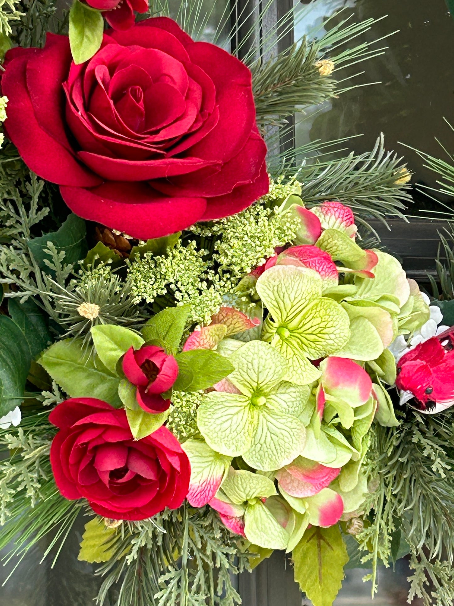 Wreath for Sale - Christmas Red Ranunculus and Green Hydrangeas