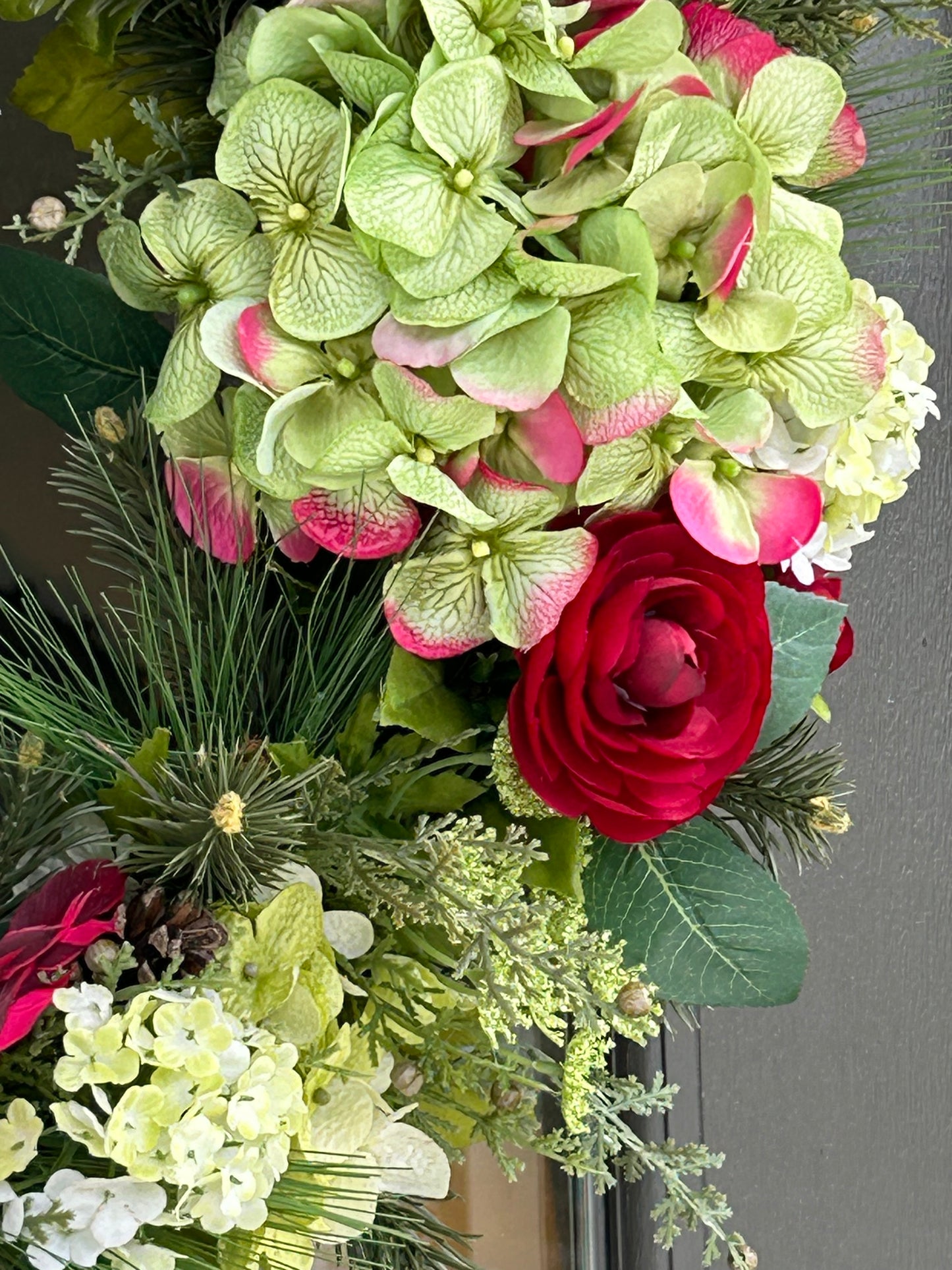 Wreath for Sale - Christmas Red Ranunculus and Green Hydrangeas