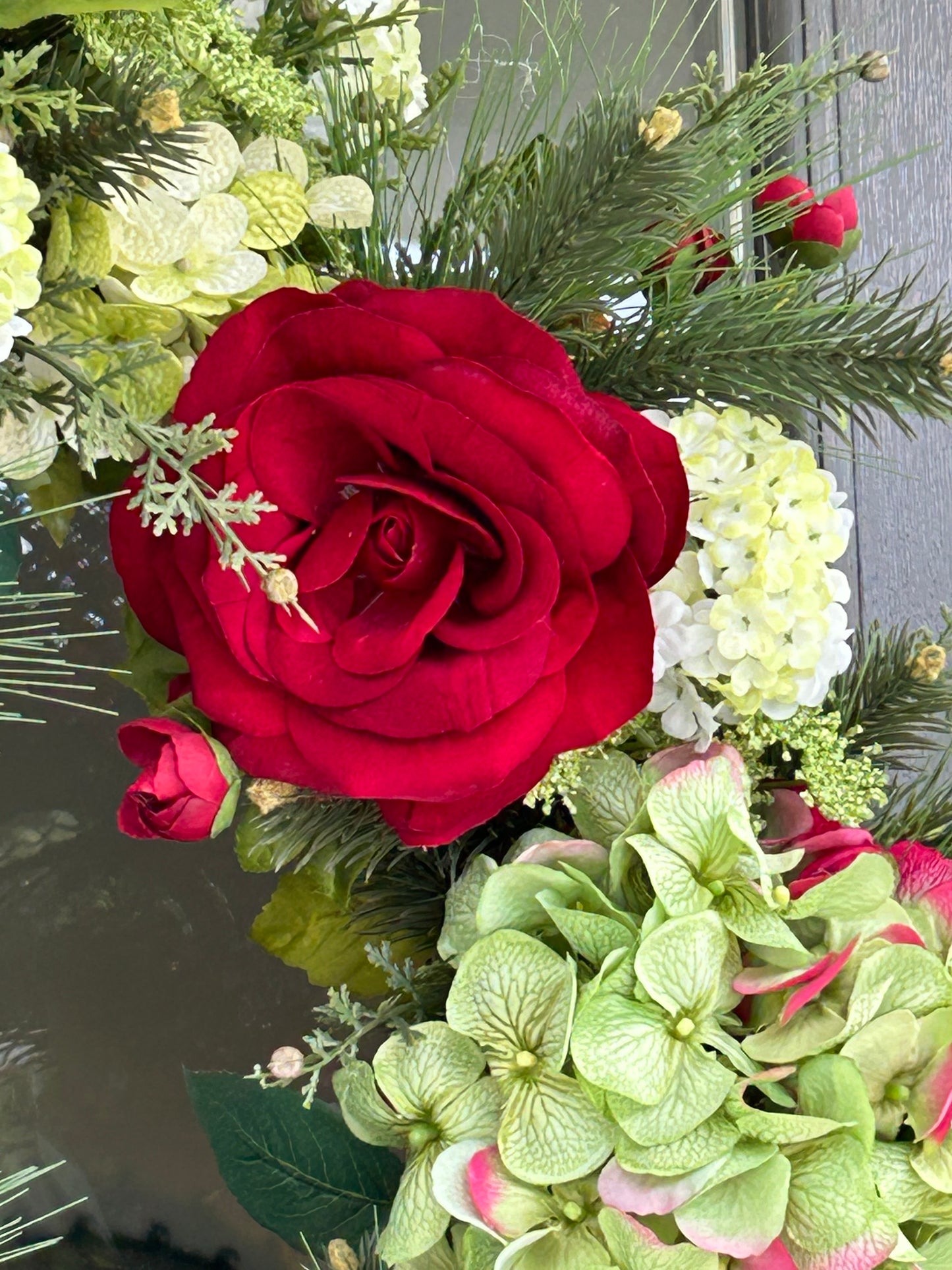 Wreath for Sale - Christmas Red Ranunculus and Green Hydrangeas