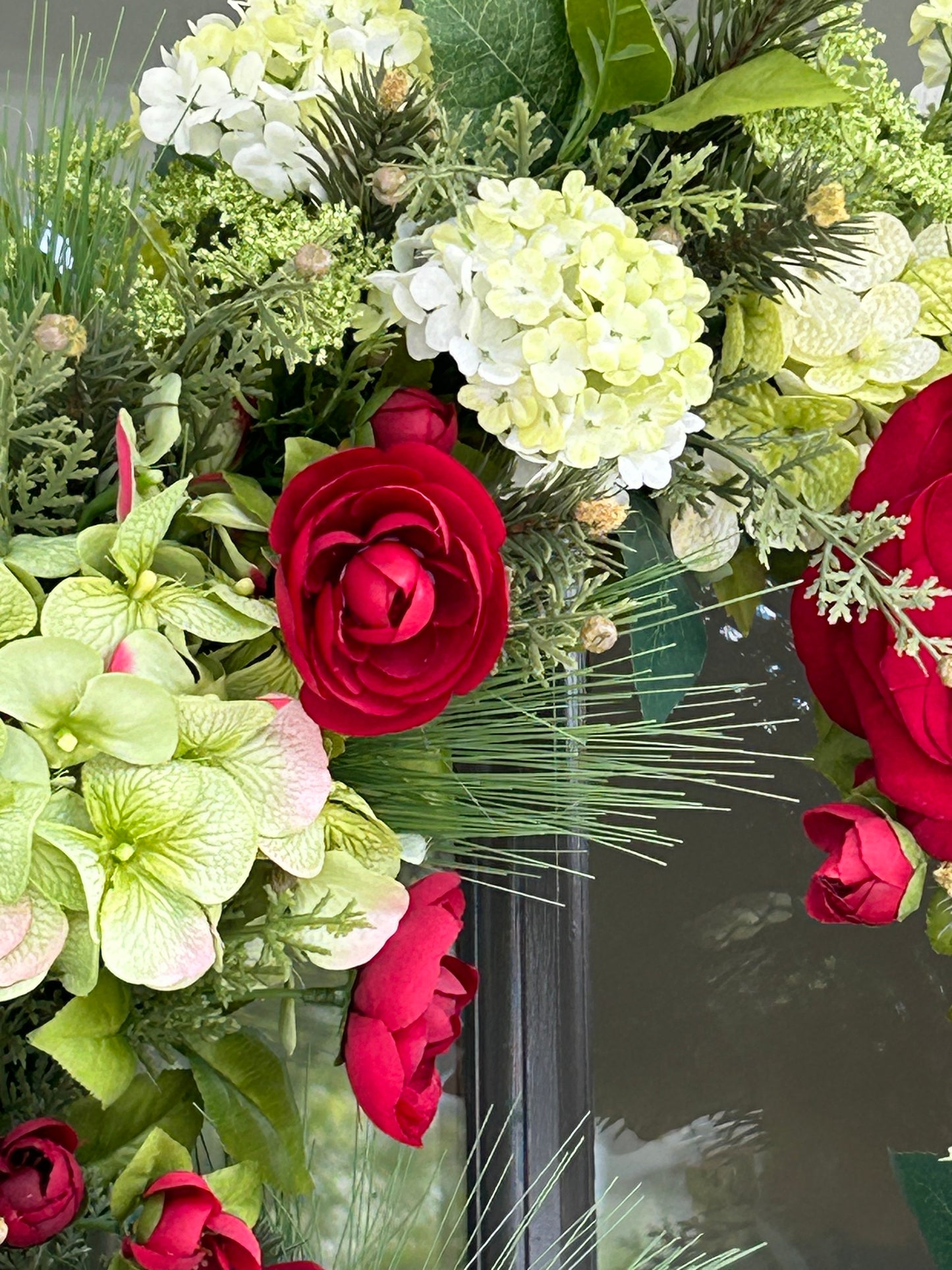 Wreath for Sale - Christmas Red Ranunculus and Green Hydrangeas