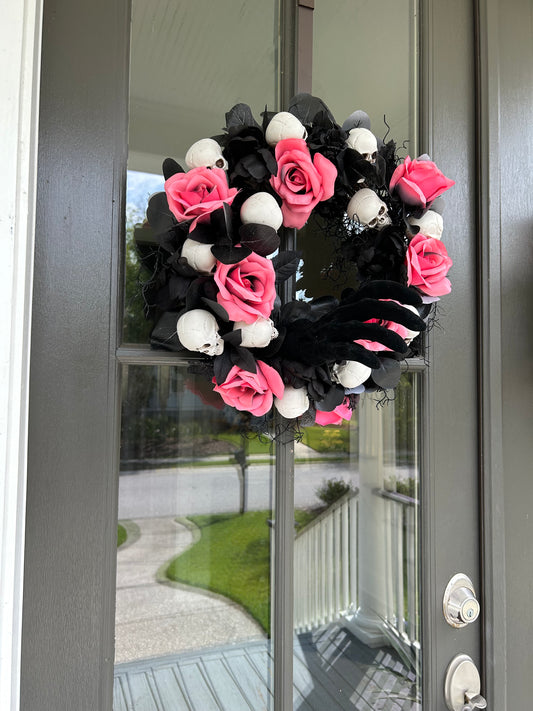 Wreath for Sale - Halloween Wreath with Skulls, Pink Roses and Creepy Black Velvet Hand