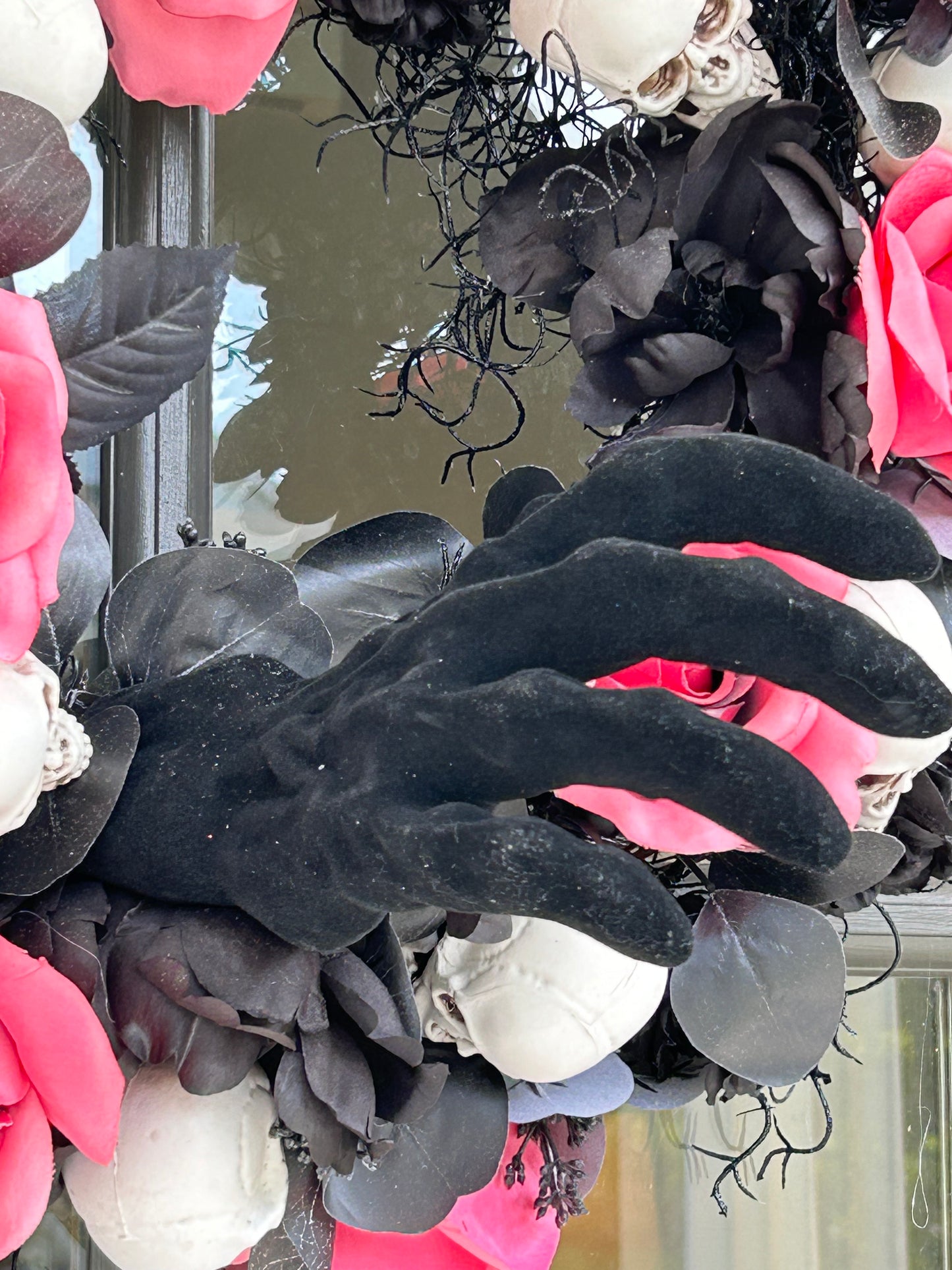 Wreath for Sale - Halloween Wreath with Skulls, Pink Roses and Creepy Black Velvet Hand