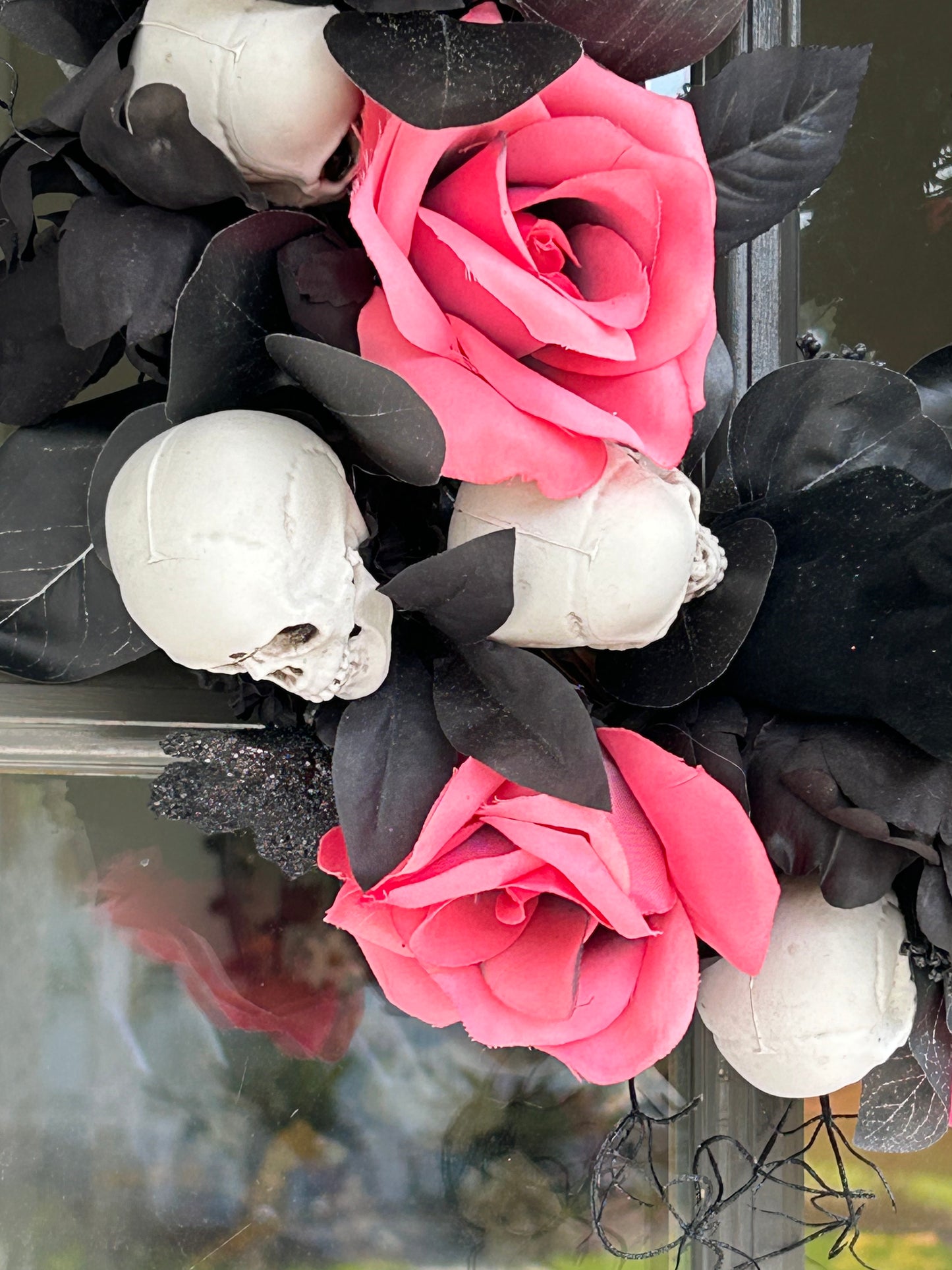 Wreath for Sale - Halloween Wreath with Skulls, Pink Roses and Creepy Black Velvet Hand