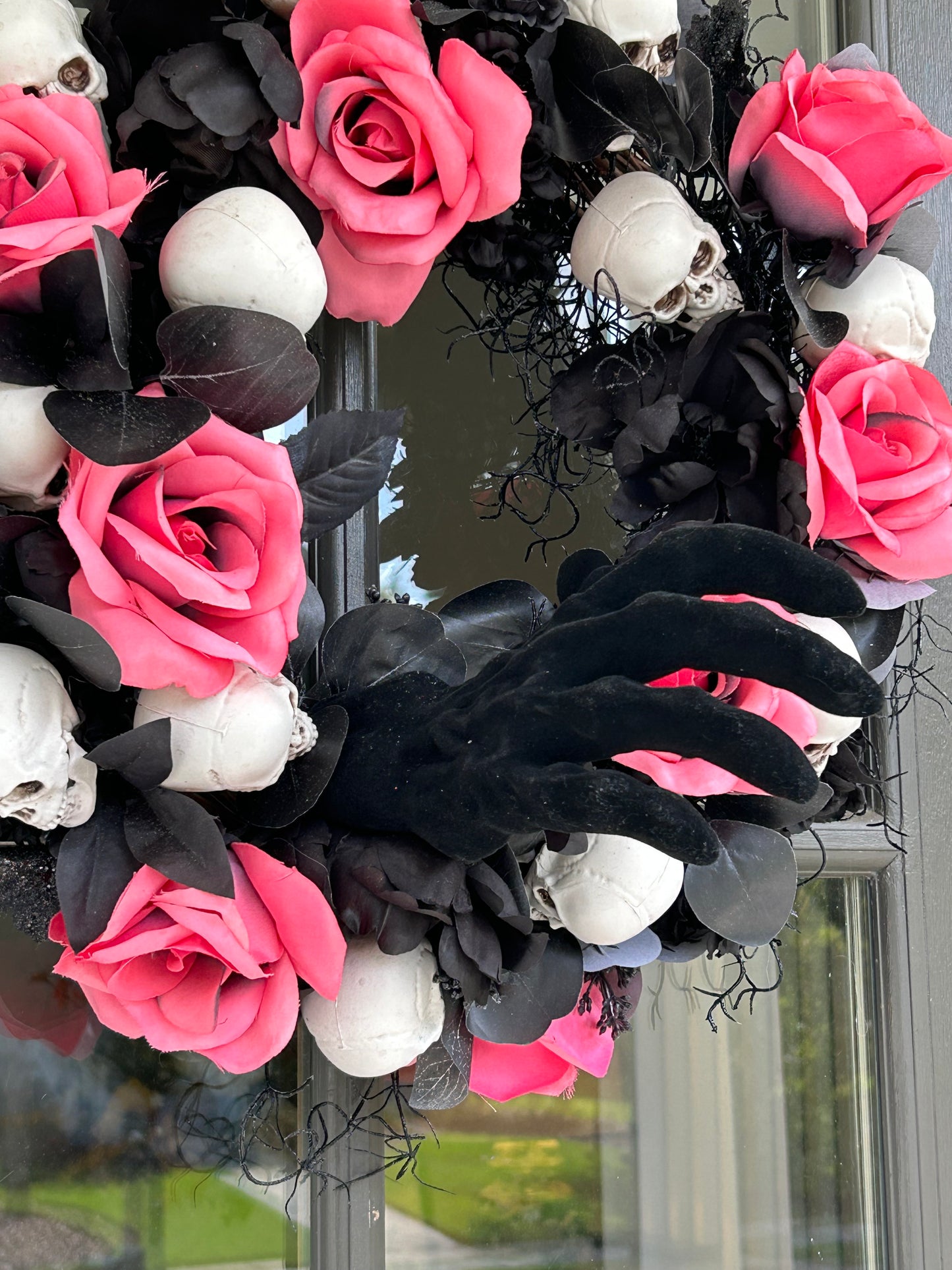 Wreath for Sale - Halloween Wreath with Skulls, Pink Roses and Creepy Black Velvet Hand