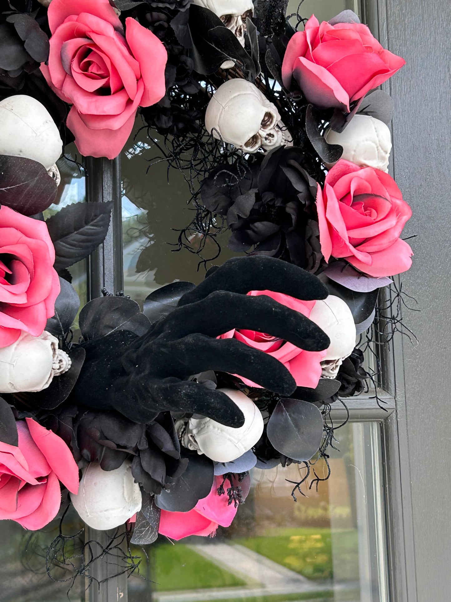 Wreath for Sale - Halloween Wreath with Skulls, Pink Roses and Creepy Black Velvet Hand