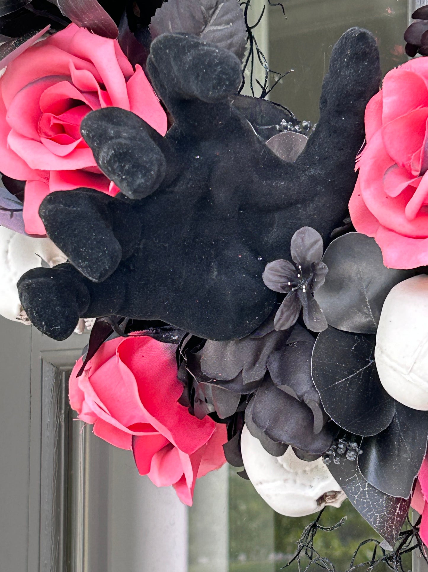 Wreath for Sale - Halloween Wreath with Skulls, Pink Roses and Creepy Black Velvet Hand