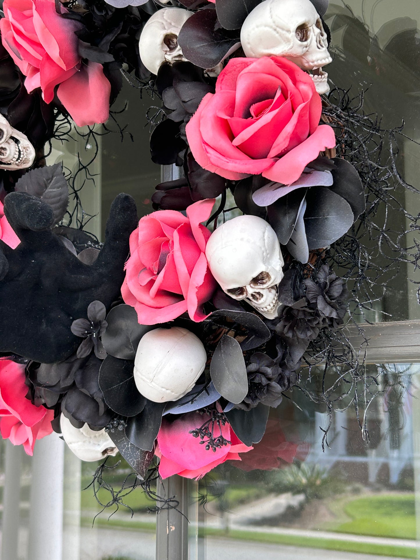 Wreath for Sale - Halloween Wreath with Skulls, Pink Roses and Creepy Black Velvet Hand