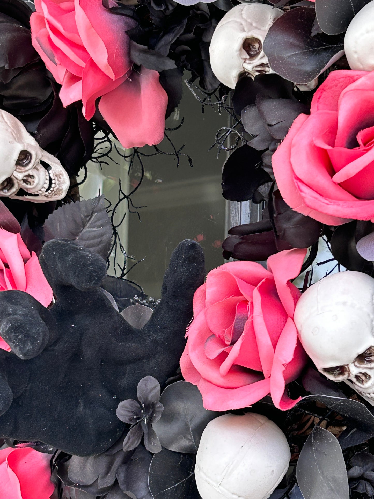 Wreath for Sale - Halloween Wreath with Skulls, Pink Roses and Creepy Black Velvet Hand