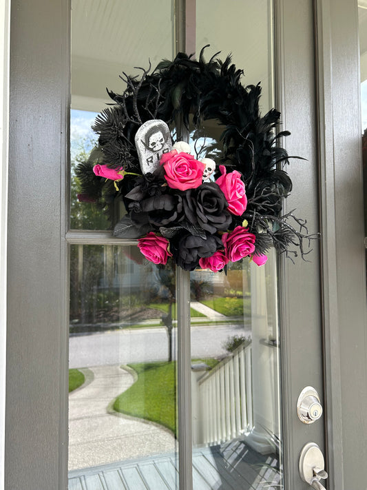 Wreath for Sale - Halloween Wreath with Black Feathers, Skulls and Pink Roses