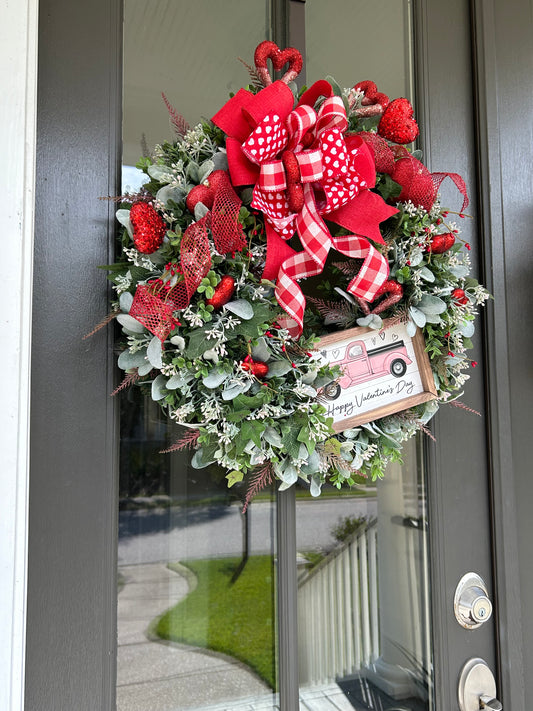 Wreath for Sale - Valentines Wreath Filled with the Red Hearts and a Pink Sign